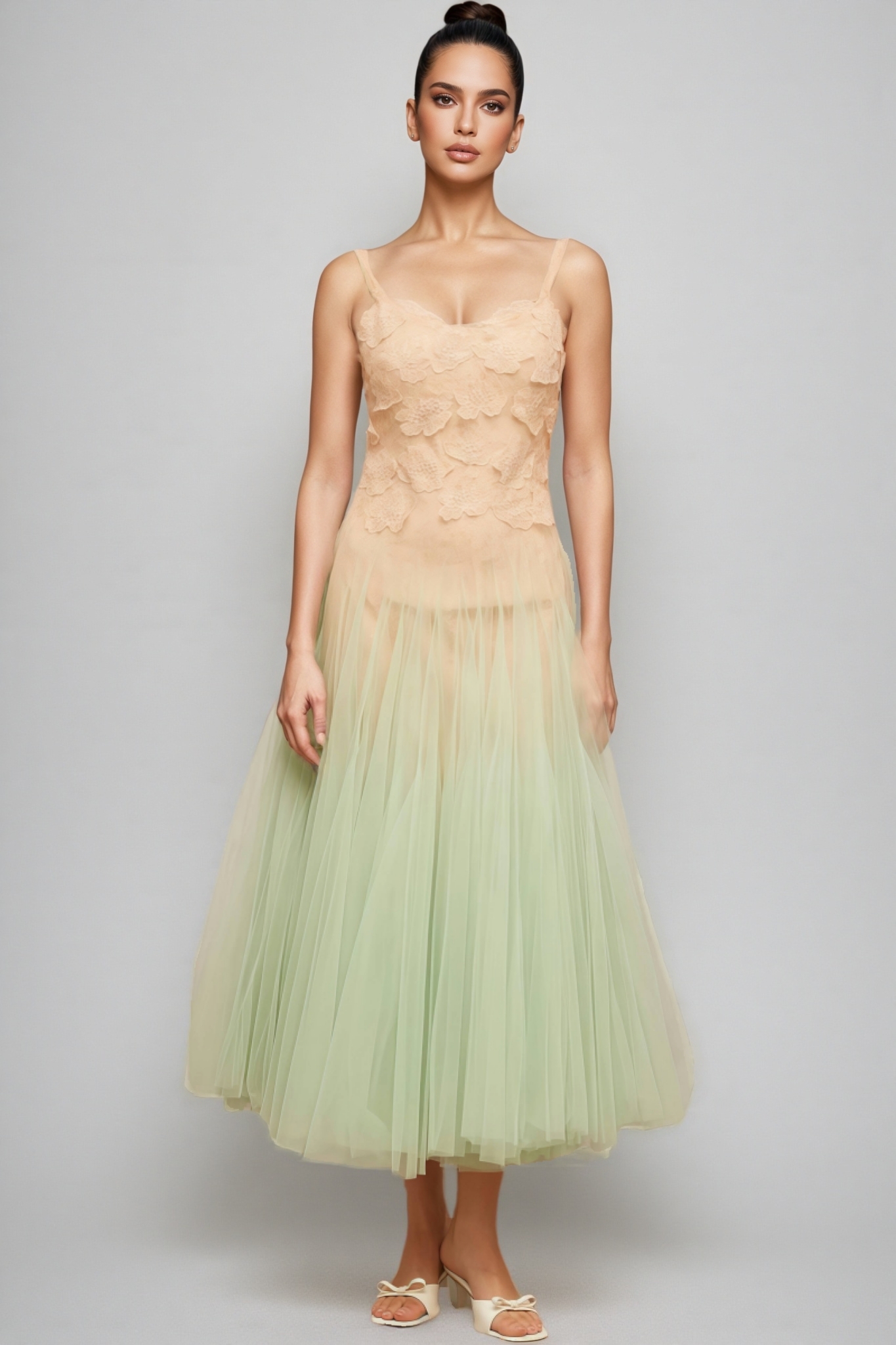 Ylane Halter Mesh Puff Maxi Dress