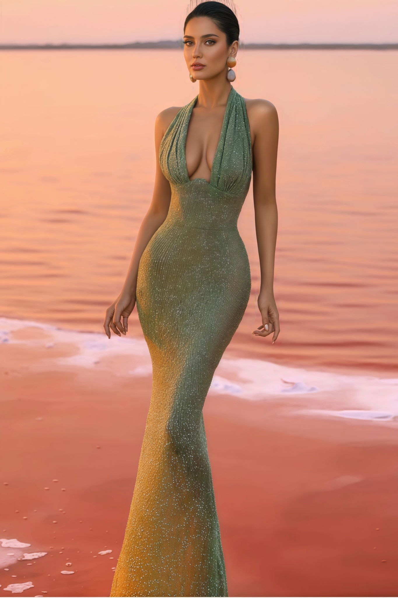 Elsinx Green Backless Sequin Maxi Dress