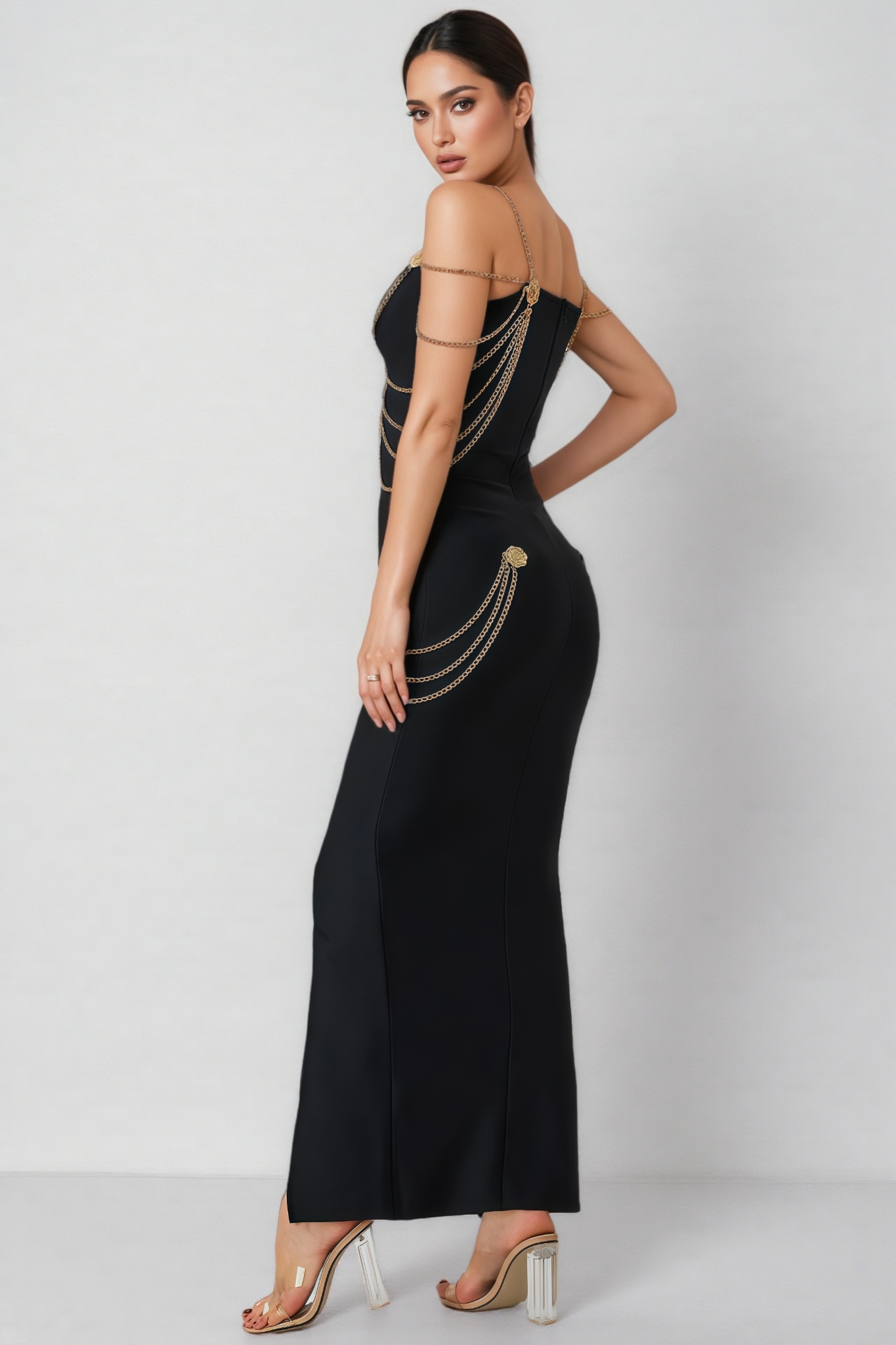 Riven Gold Chain Bandage Maxi Dress