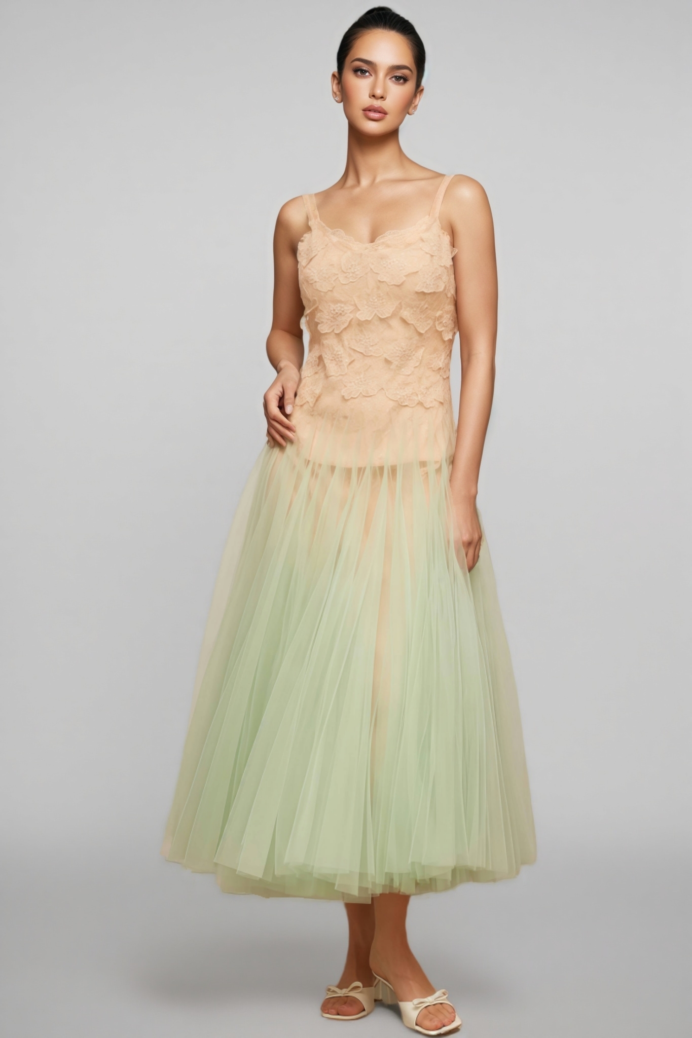 Ylane Halter Mesh Puff Maxi Dress