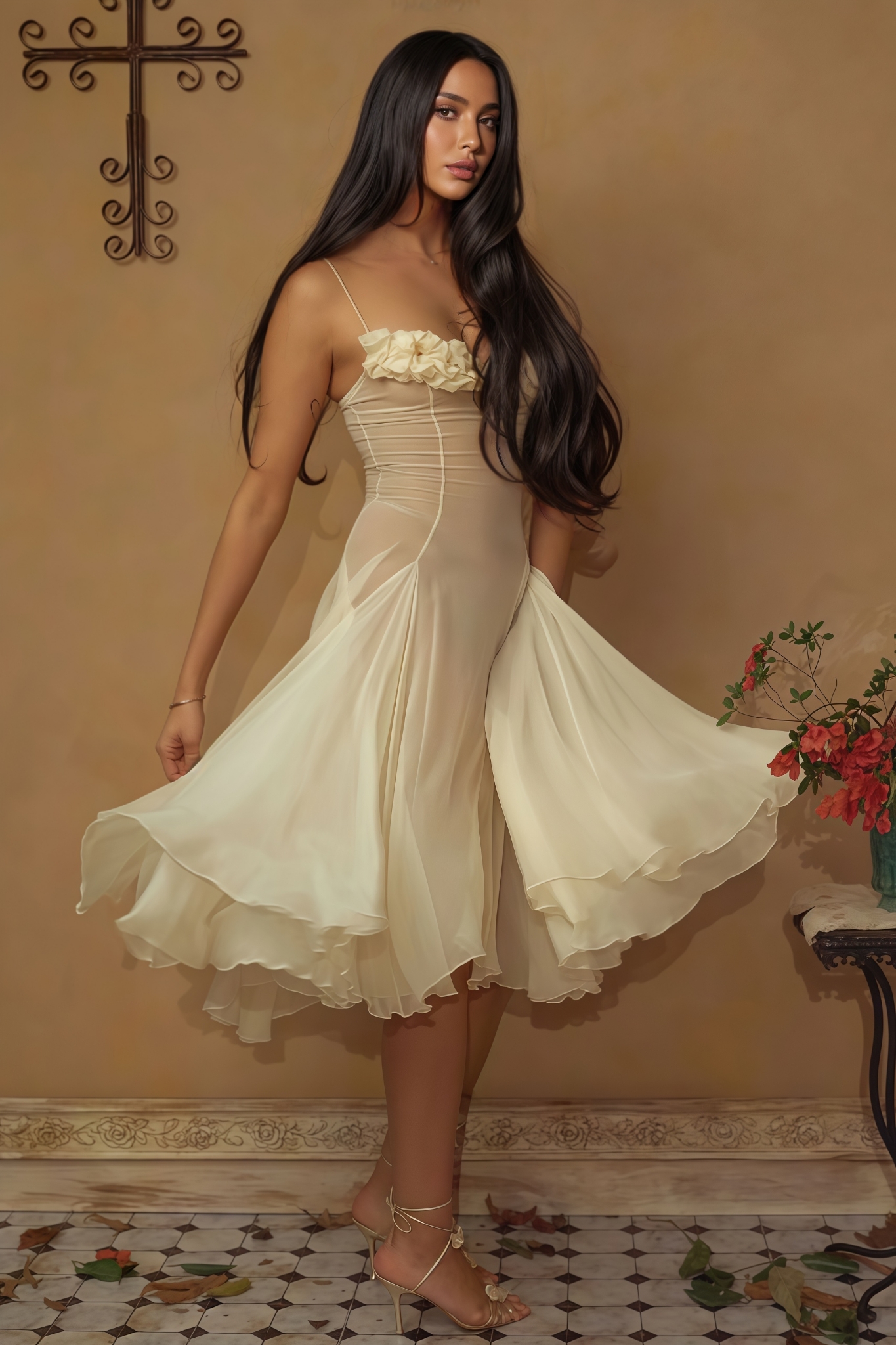 Aldridge Yellow Strapless Mesh Midi Dress