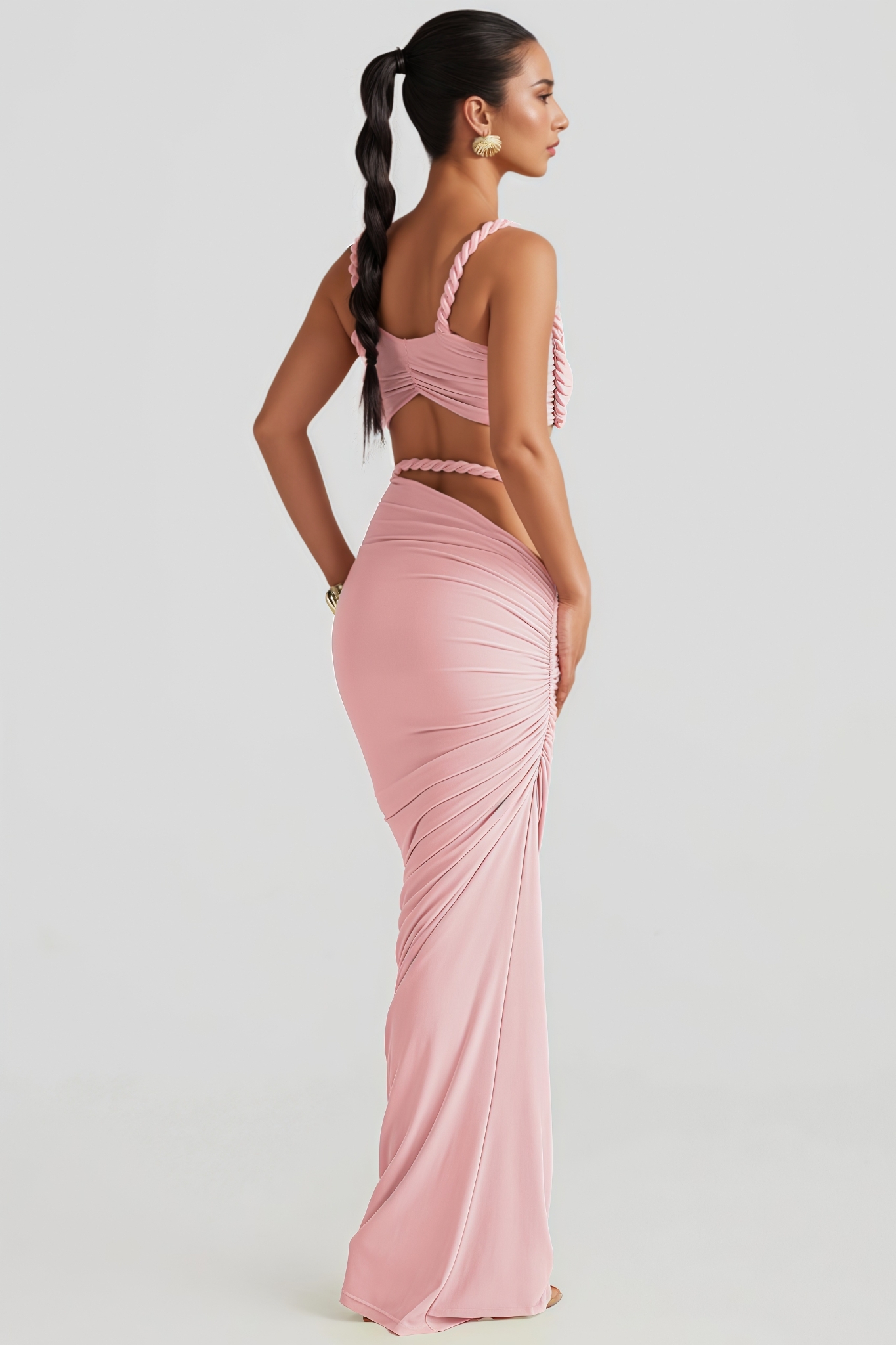 Dabney Pink Spaghetti Ruched Maxi Dress Set