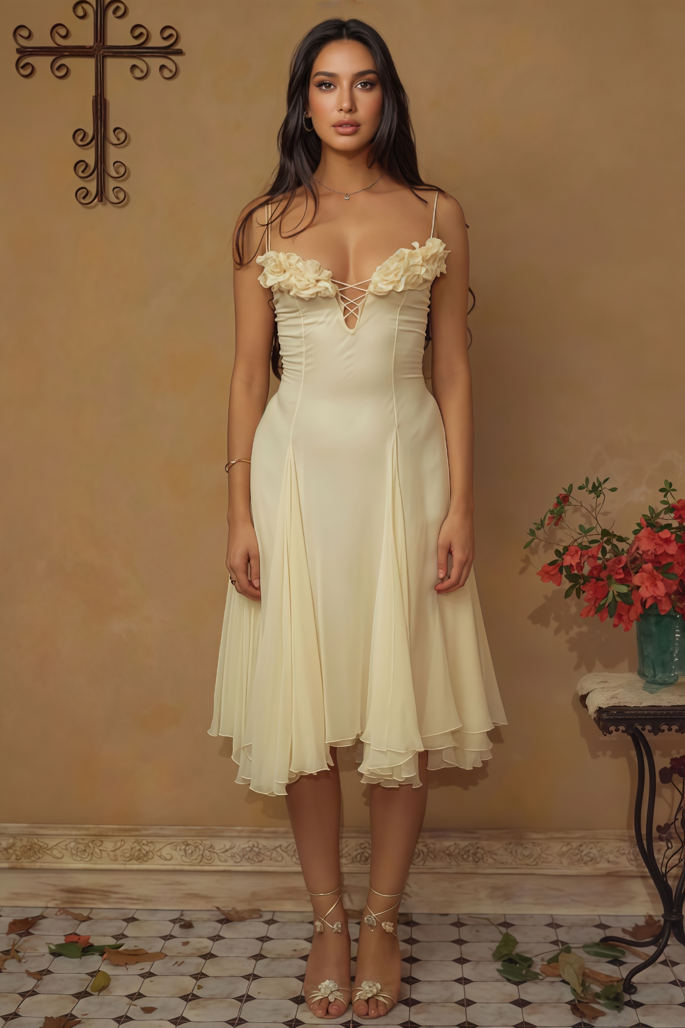 Aldridge Yellow Strapless Mesh Midi Dress