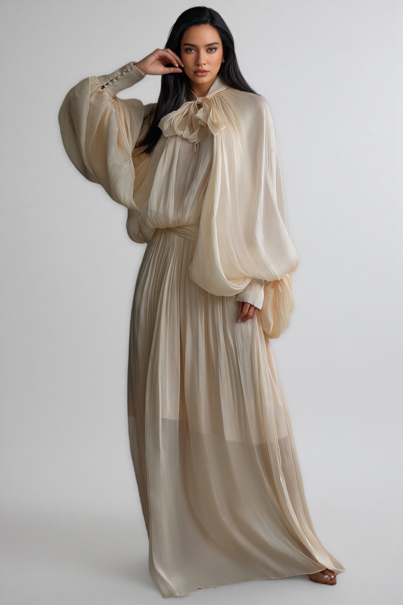 Inina Tie Neck Puff Sleeve Maxi Dress