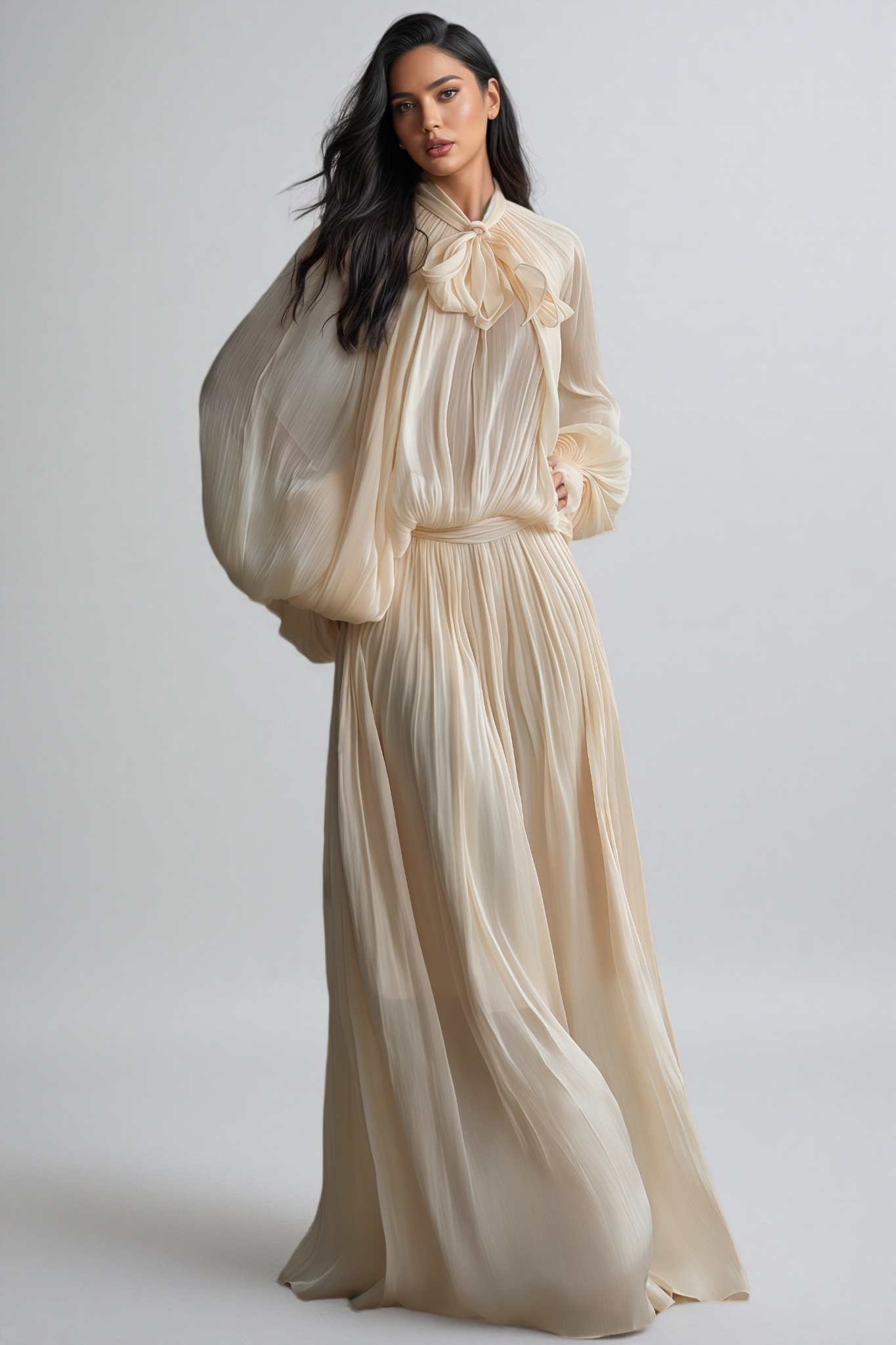 Inina Tie Neck Puff Sleeve Maxi Dress