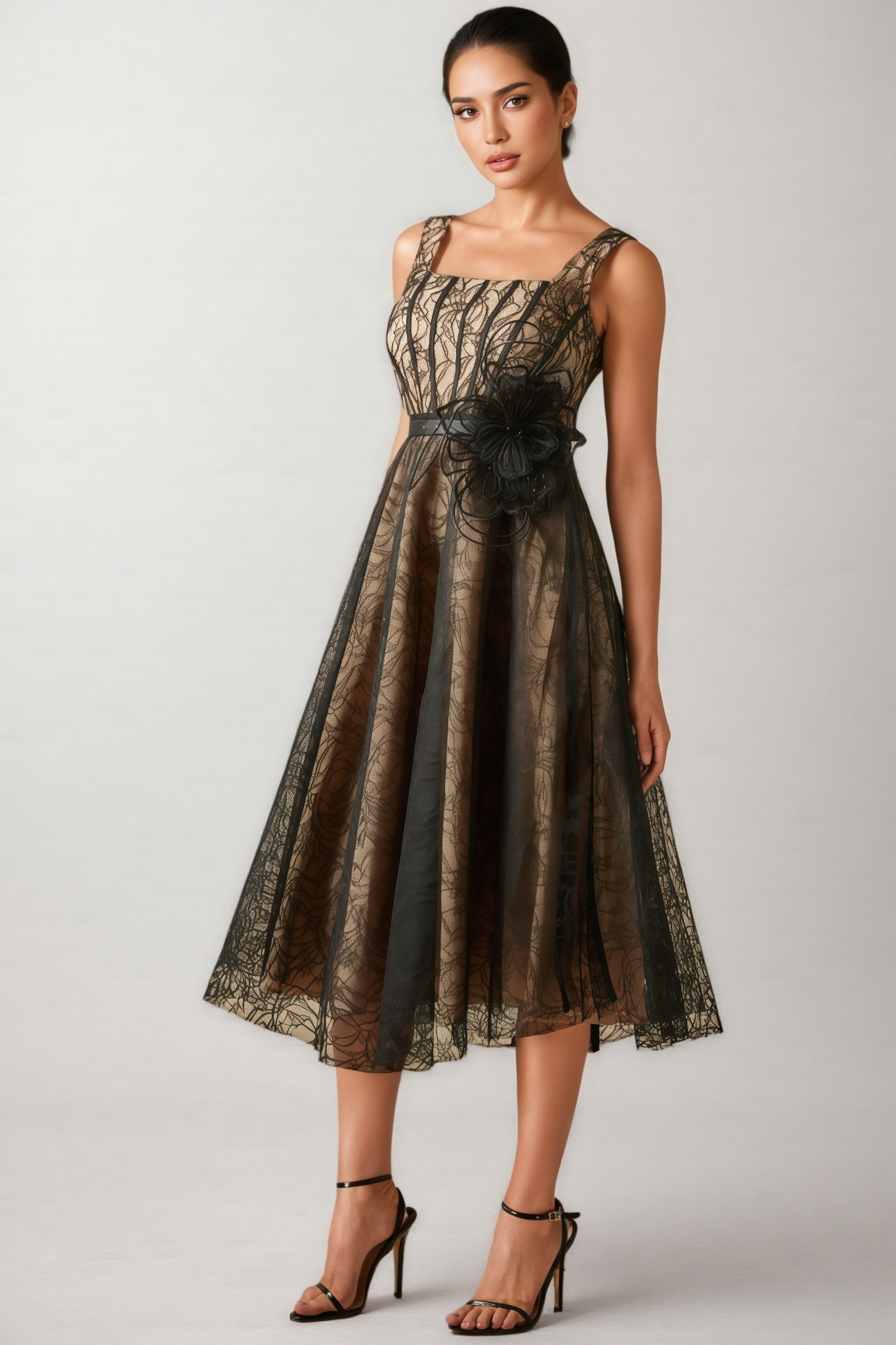 Aloise Floral Applique Lace Overlay Midi Dress