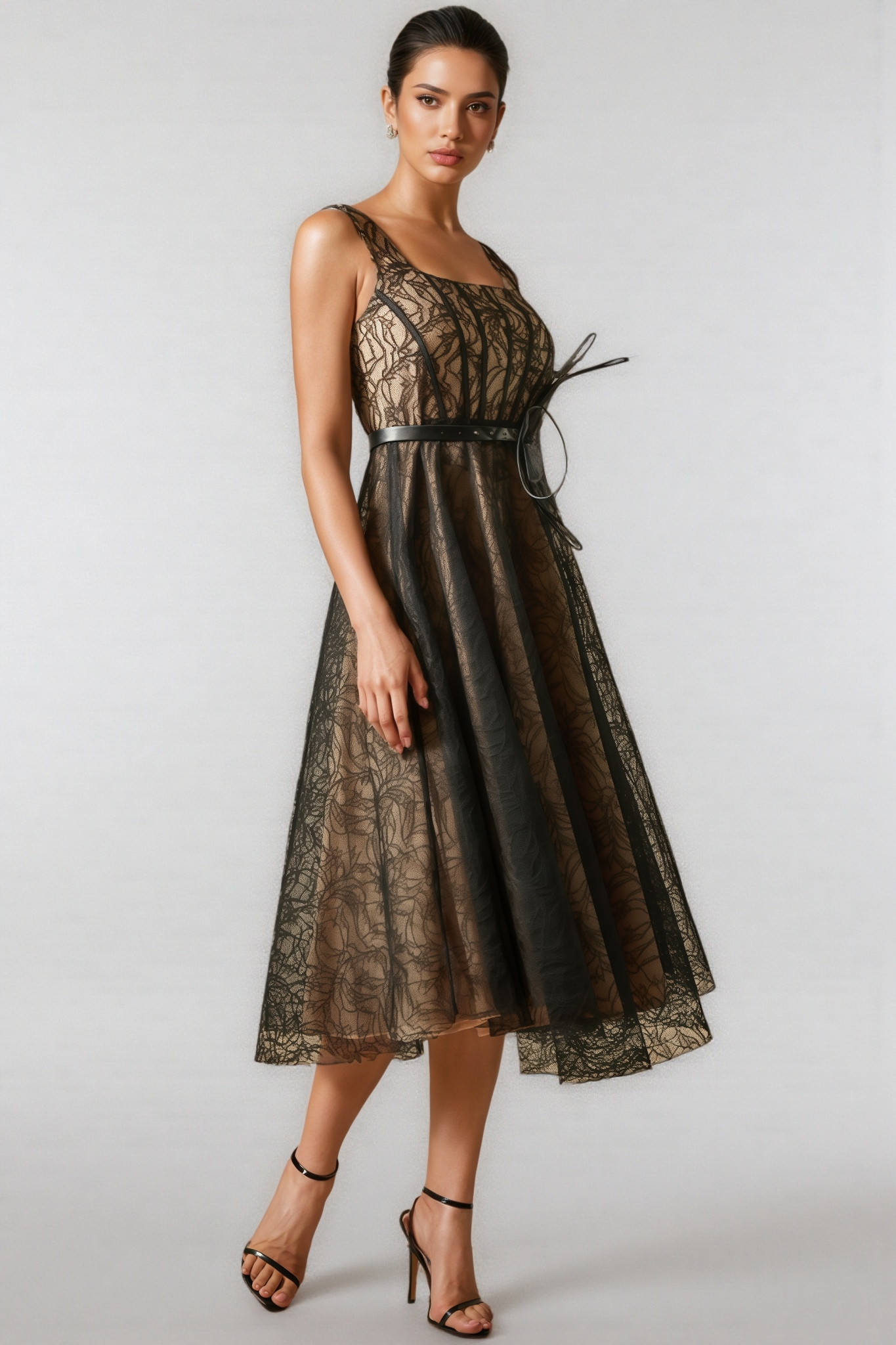 Aloise Floral Applique Lace Overlay Midi Dress
