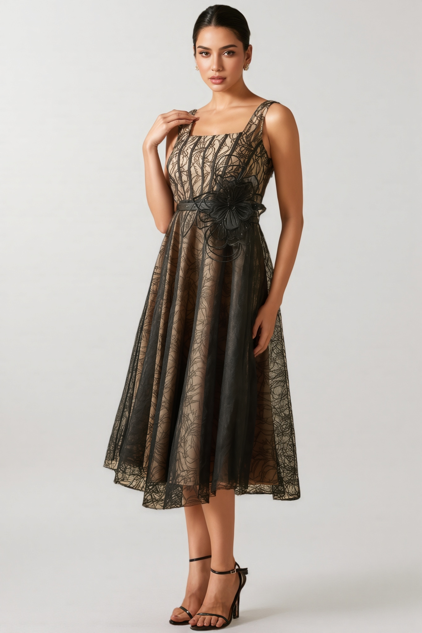 Aloise Floral Applique Lace Overlay Midi Dress