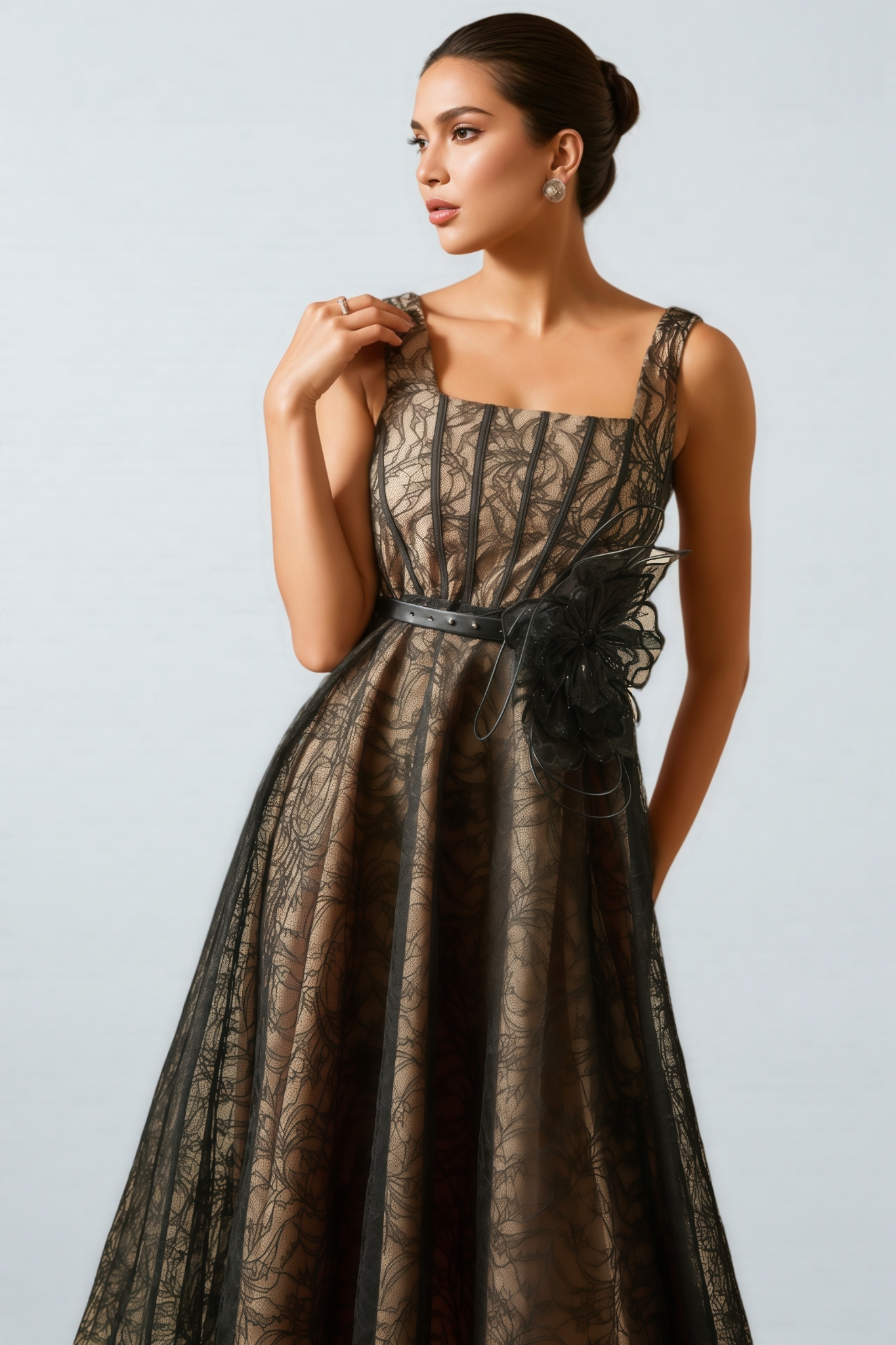 Aloise Floral Applique Lace Overlay Midi Dress
