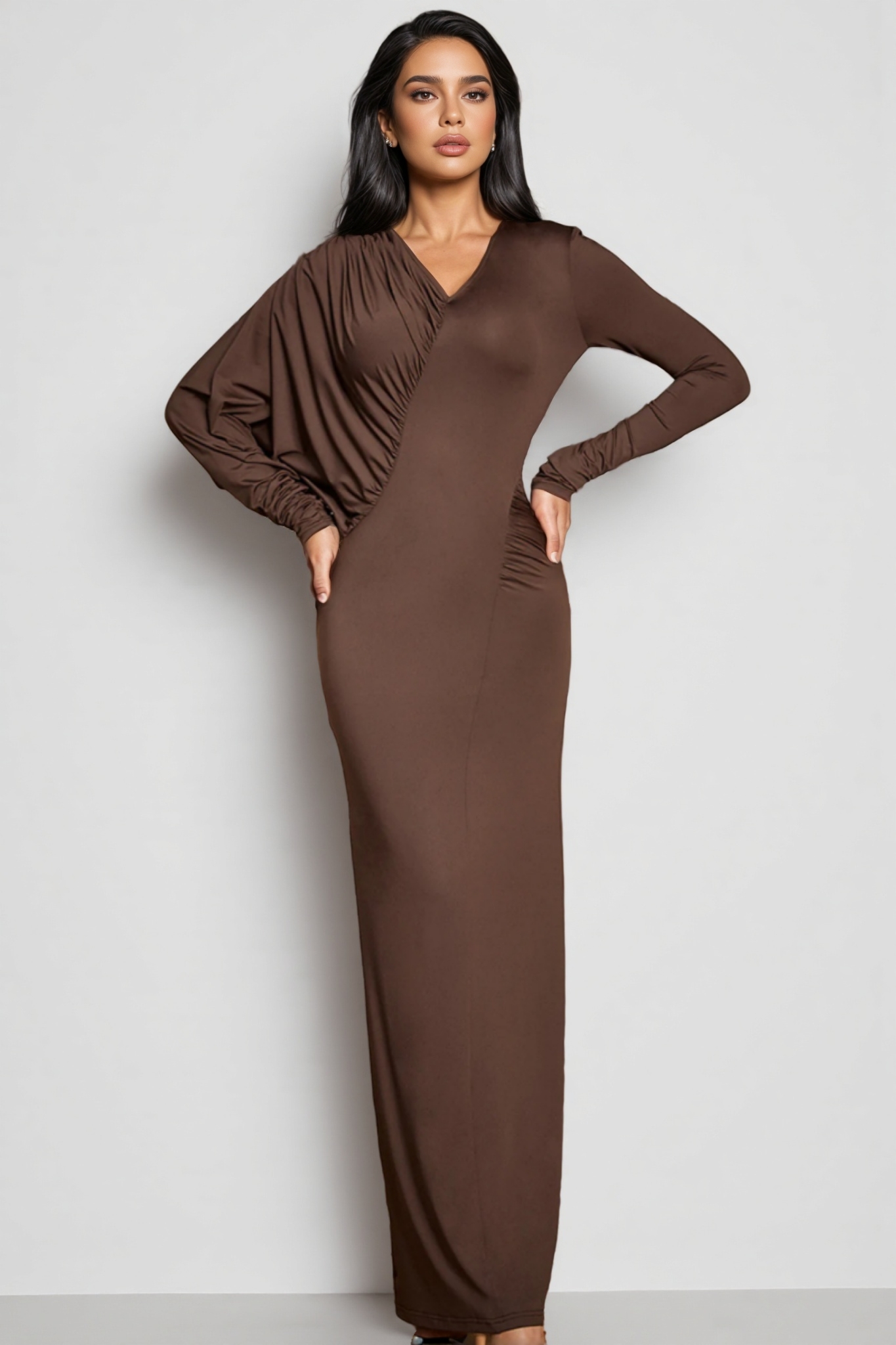 Nyx V-neck Brown Maxi Dress