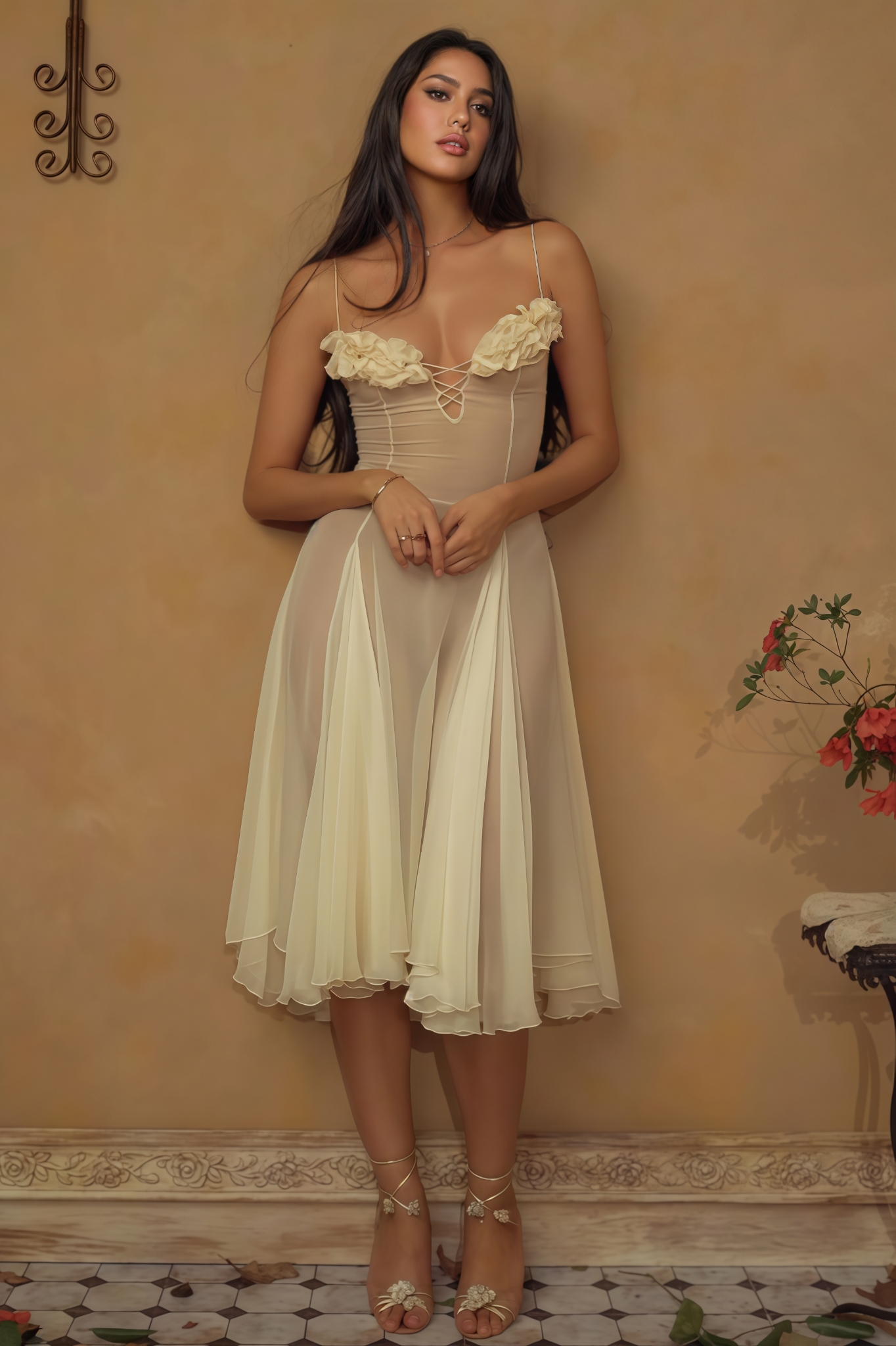 Aldridge Yellow Strapless Mesh Midi Dress