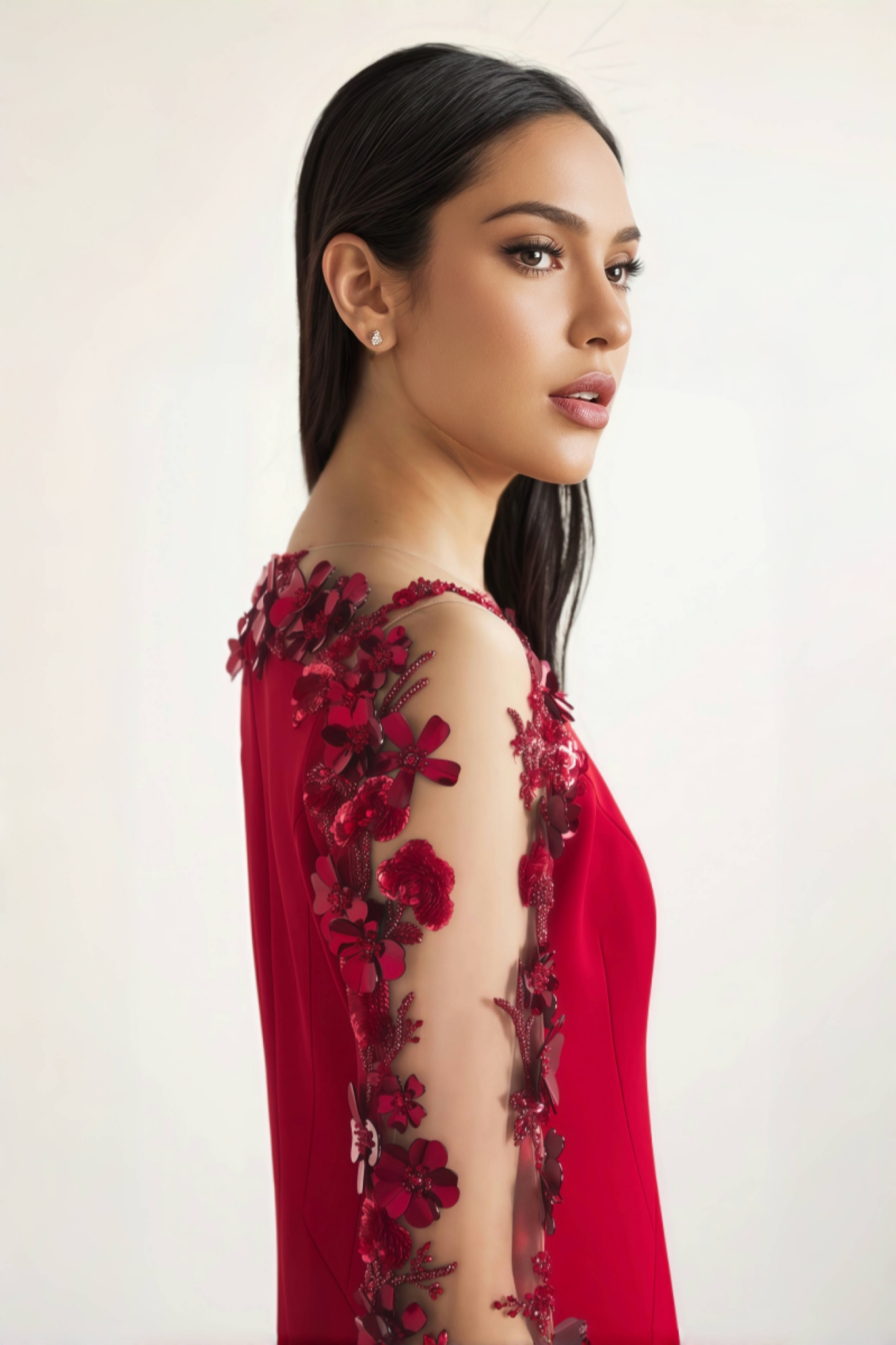 Eaplty Red 3D Floral Mesh Maxi Dress