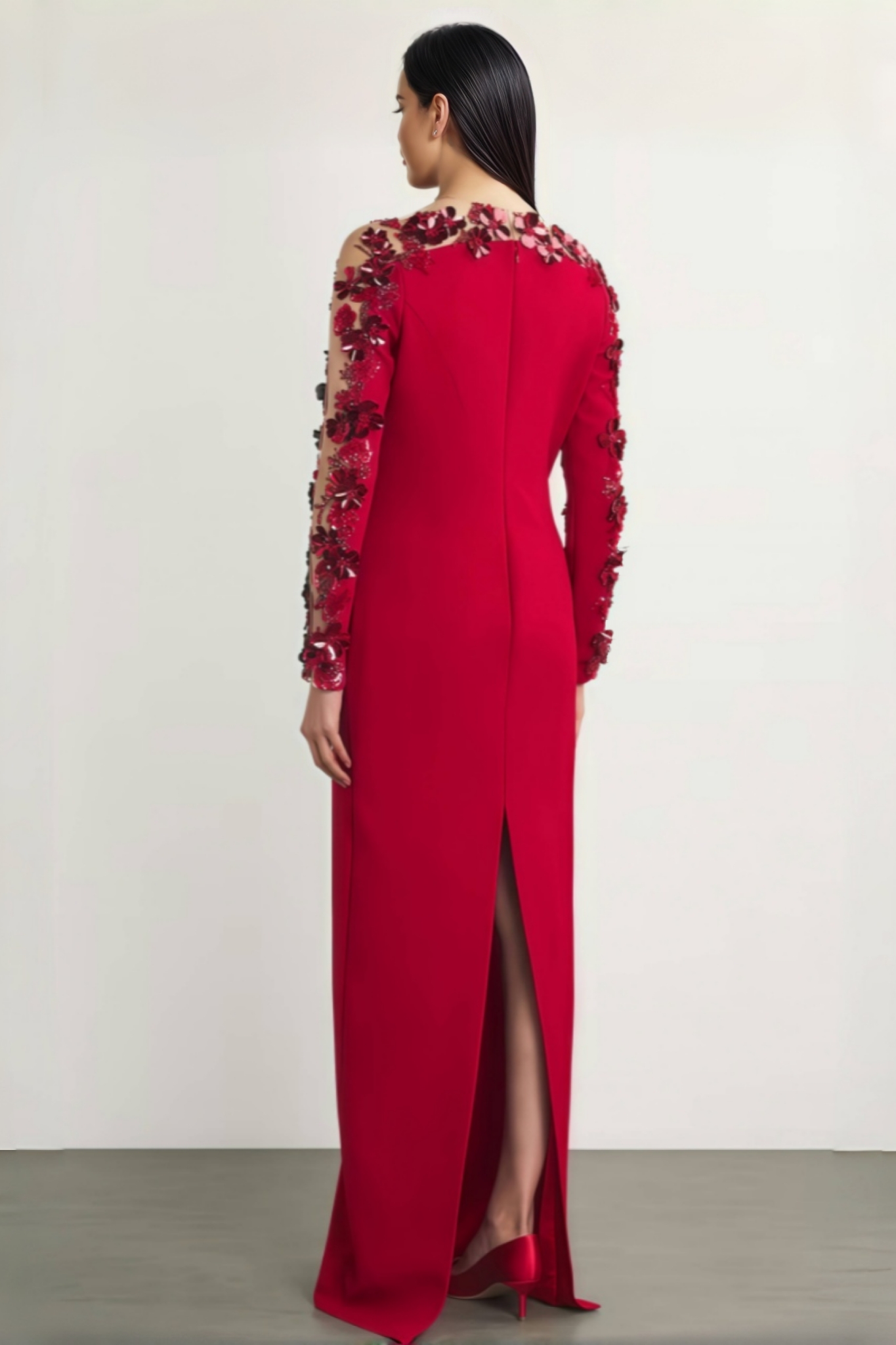 Eaplty Red 3D Floral Mesh Maxi Dress