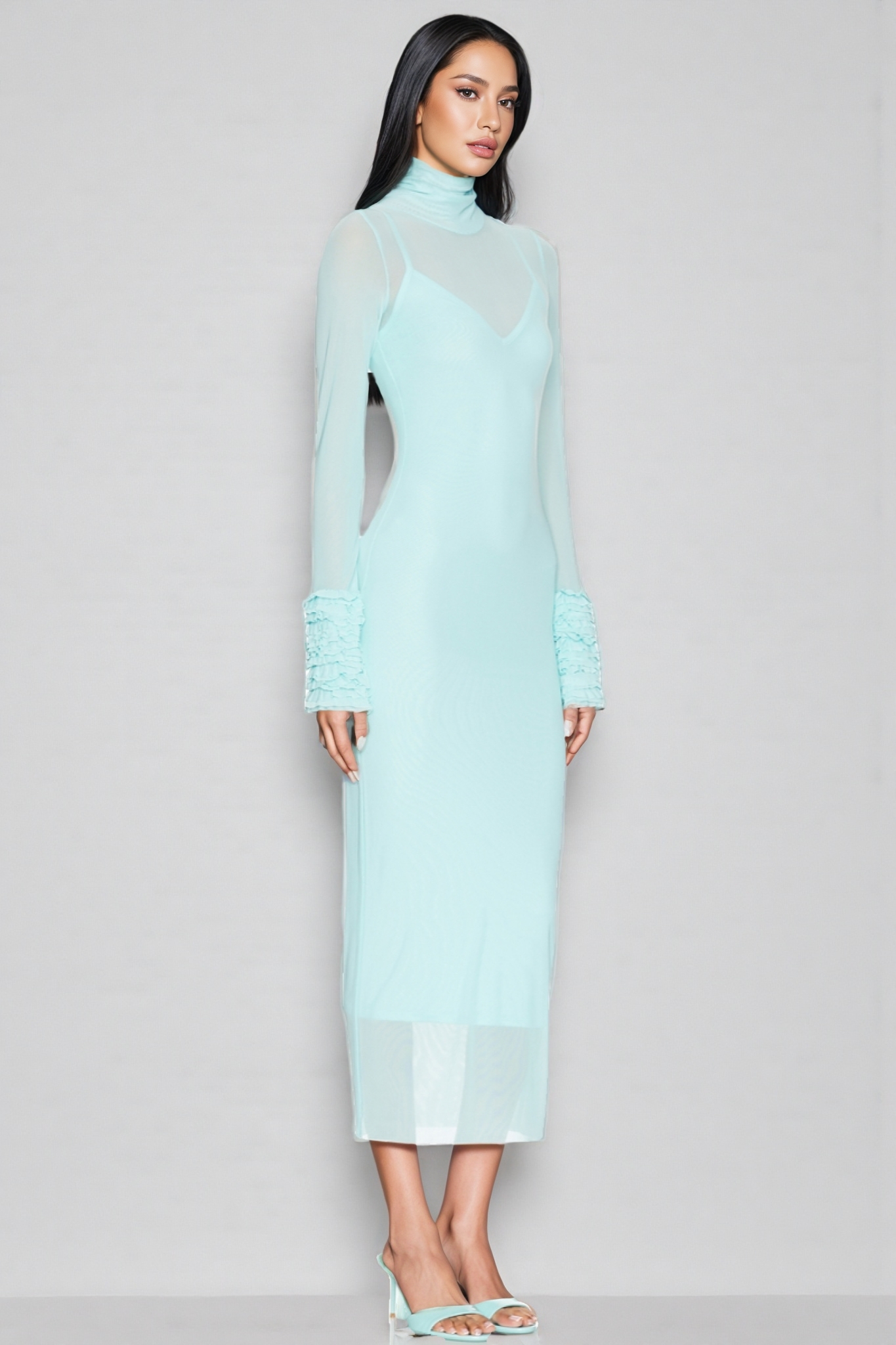 Abrife Blue Sheer Mesh Maxi Dress