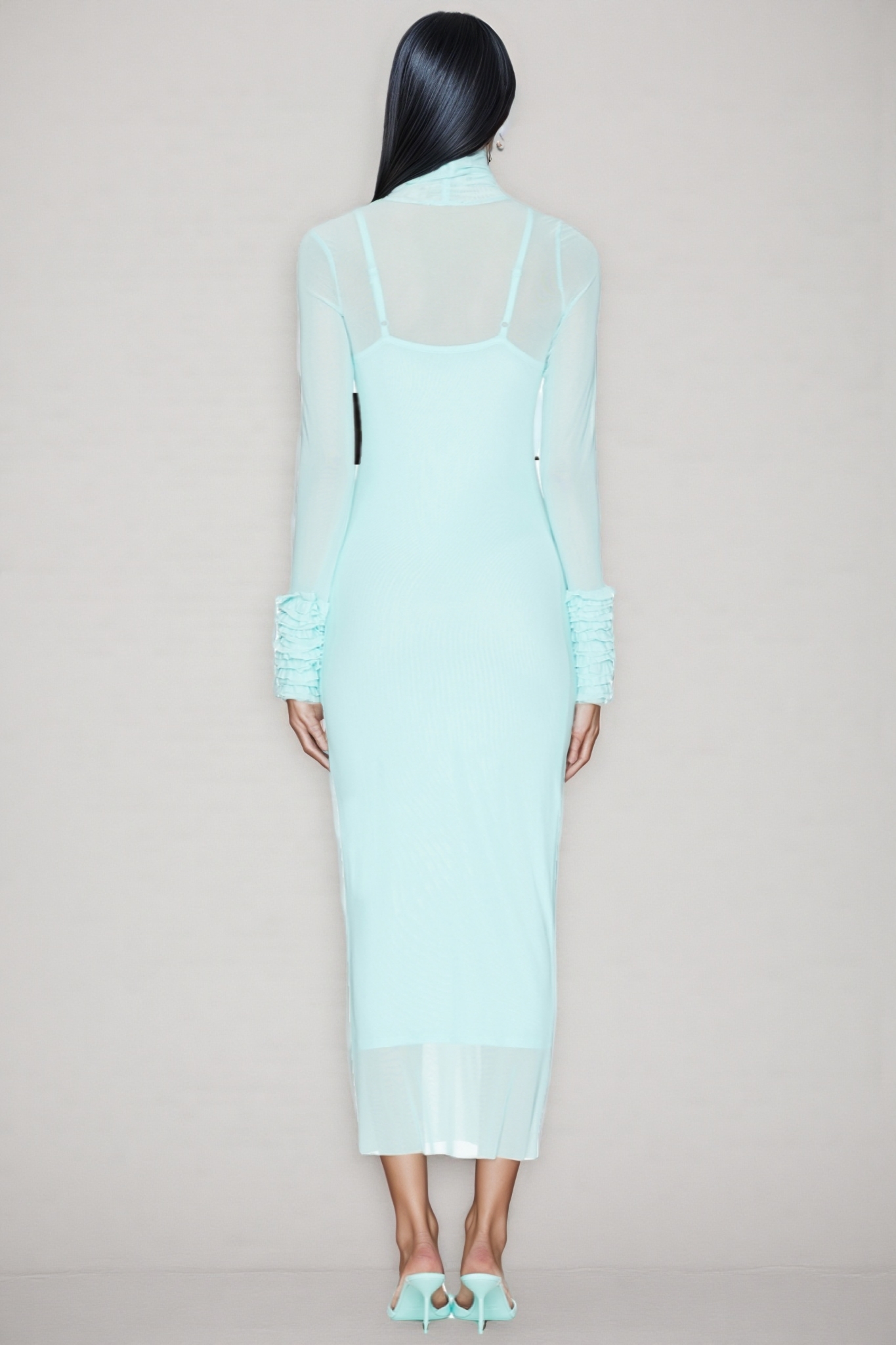 Abrife Blue Sheer Mesh Maxi Dress