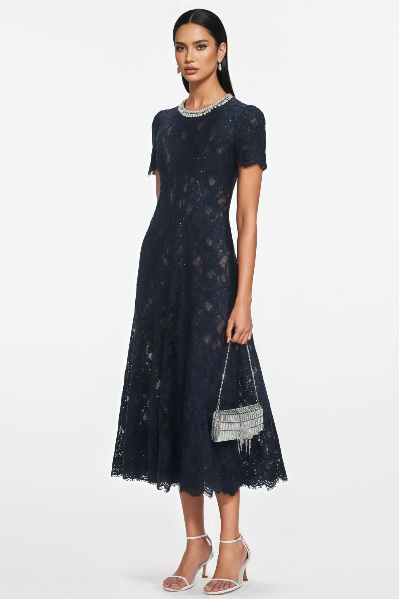 Merrit Navy Lace Embellished Midi Dress