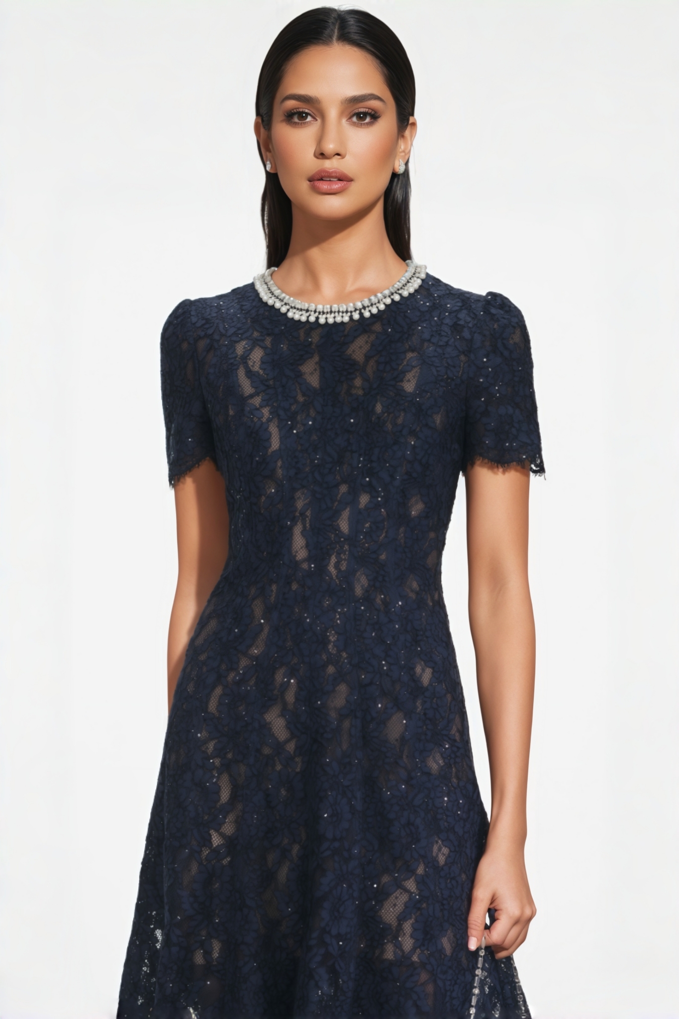 Merrit Navy Lace Embellished Midi Dress