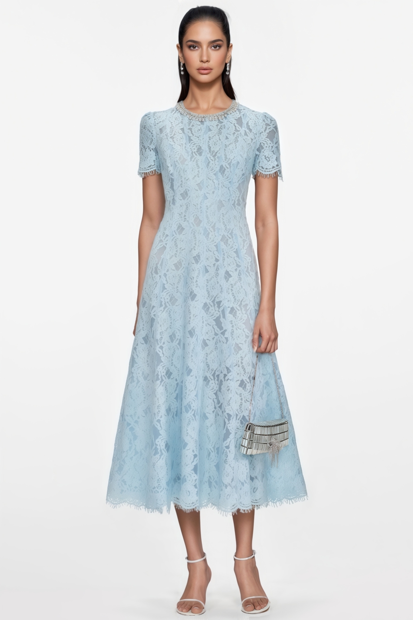 Locia Blue Lace Embellished Midi Dress