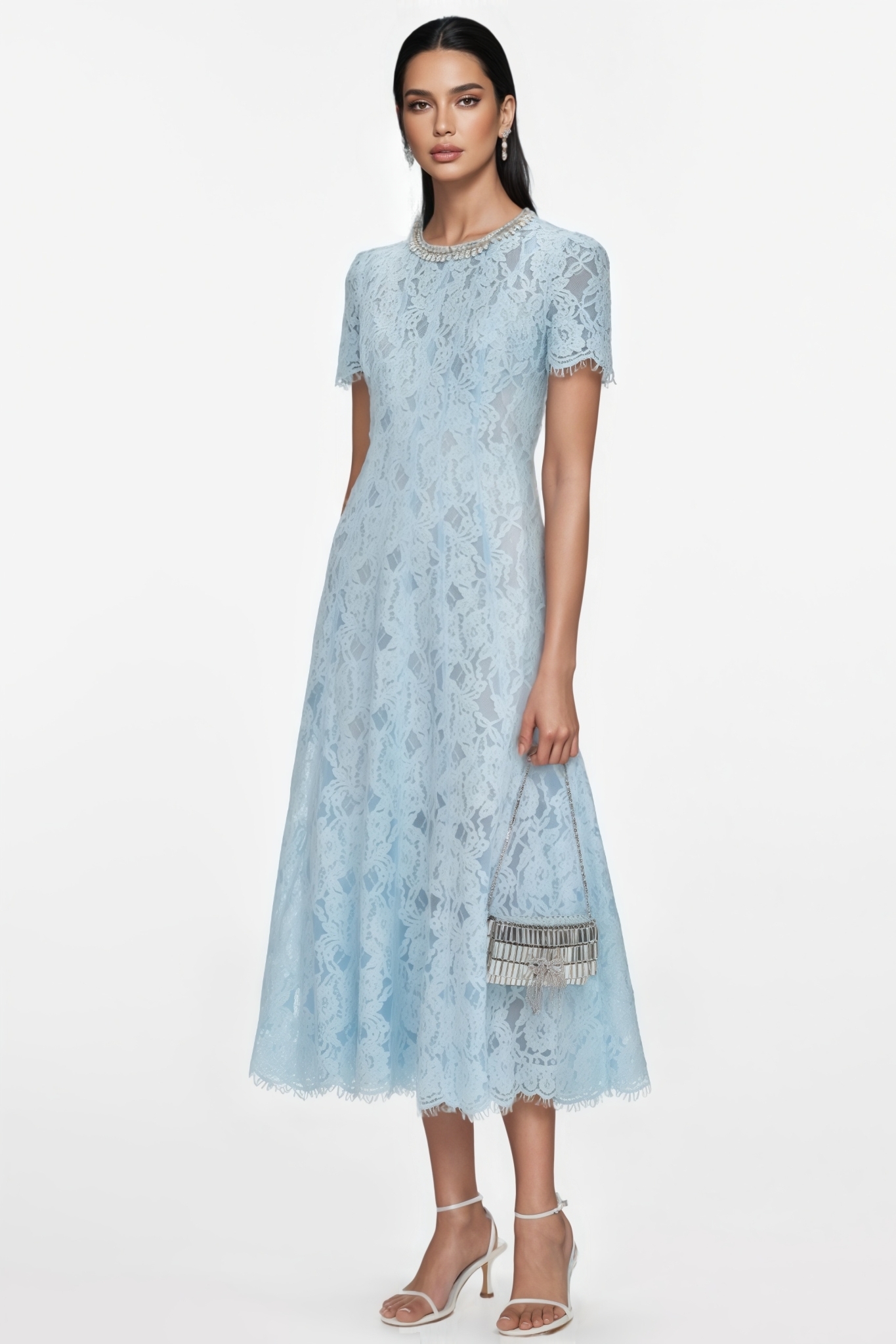 Locia Blue Lace Embellished Midi Dress