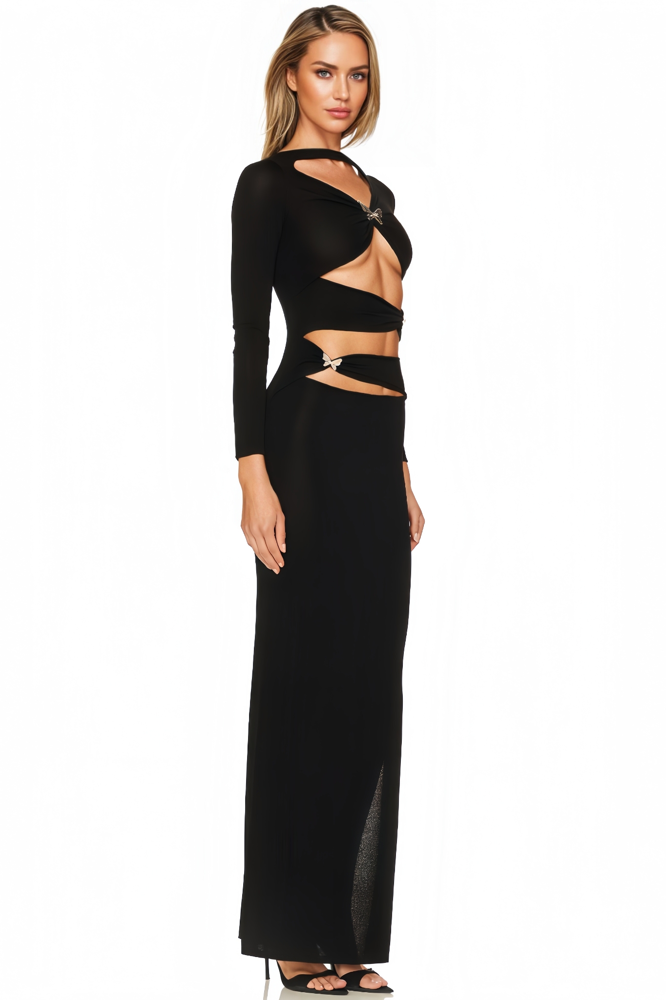 Neona Openwork Long-Sleeve Maxi Dress