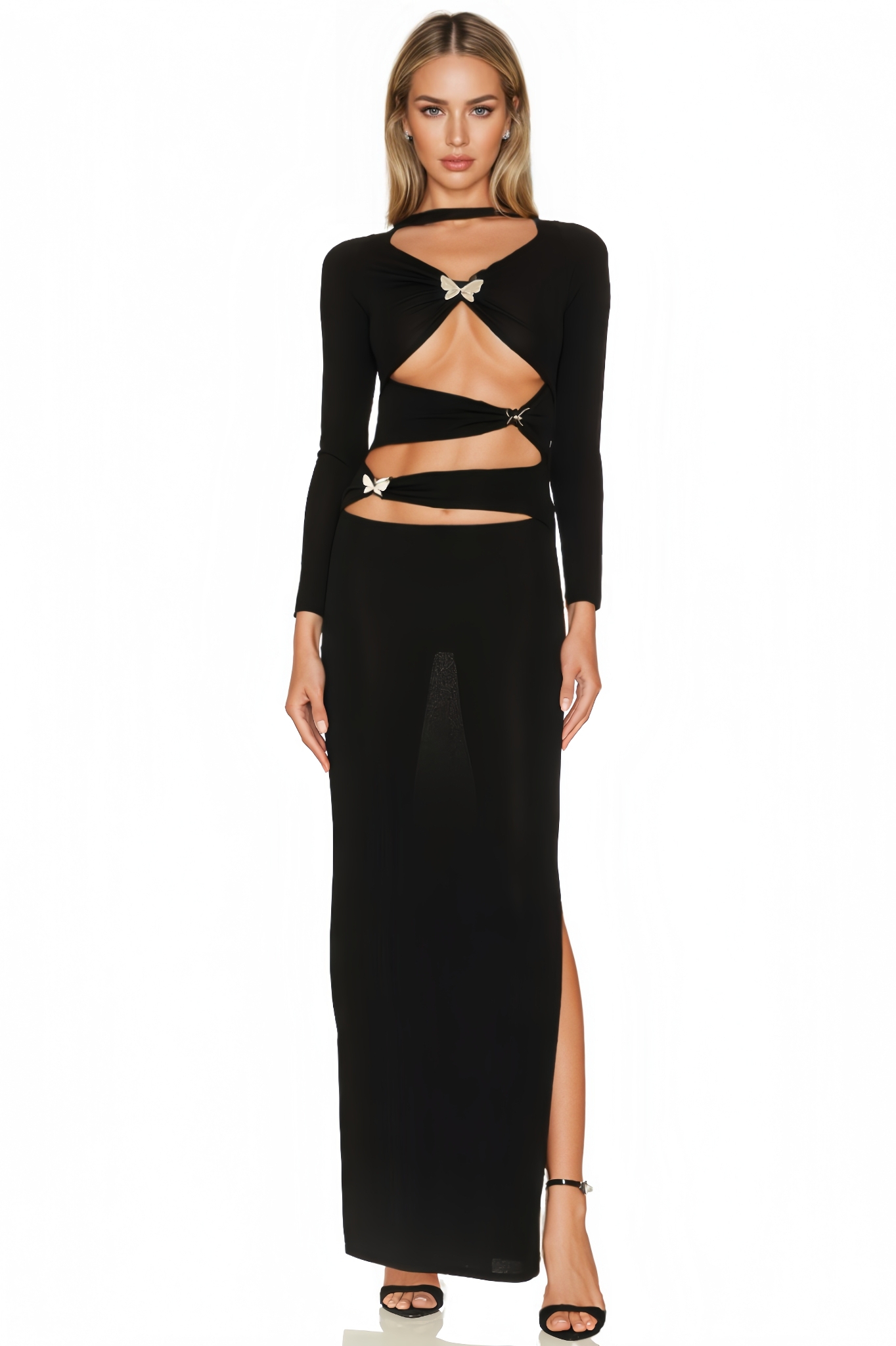 Neona Openwork Long-Sleeve Maxi Dress