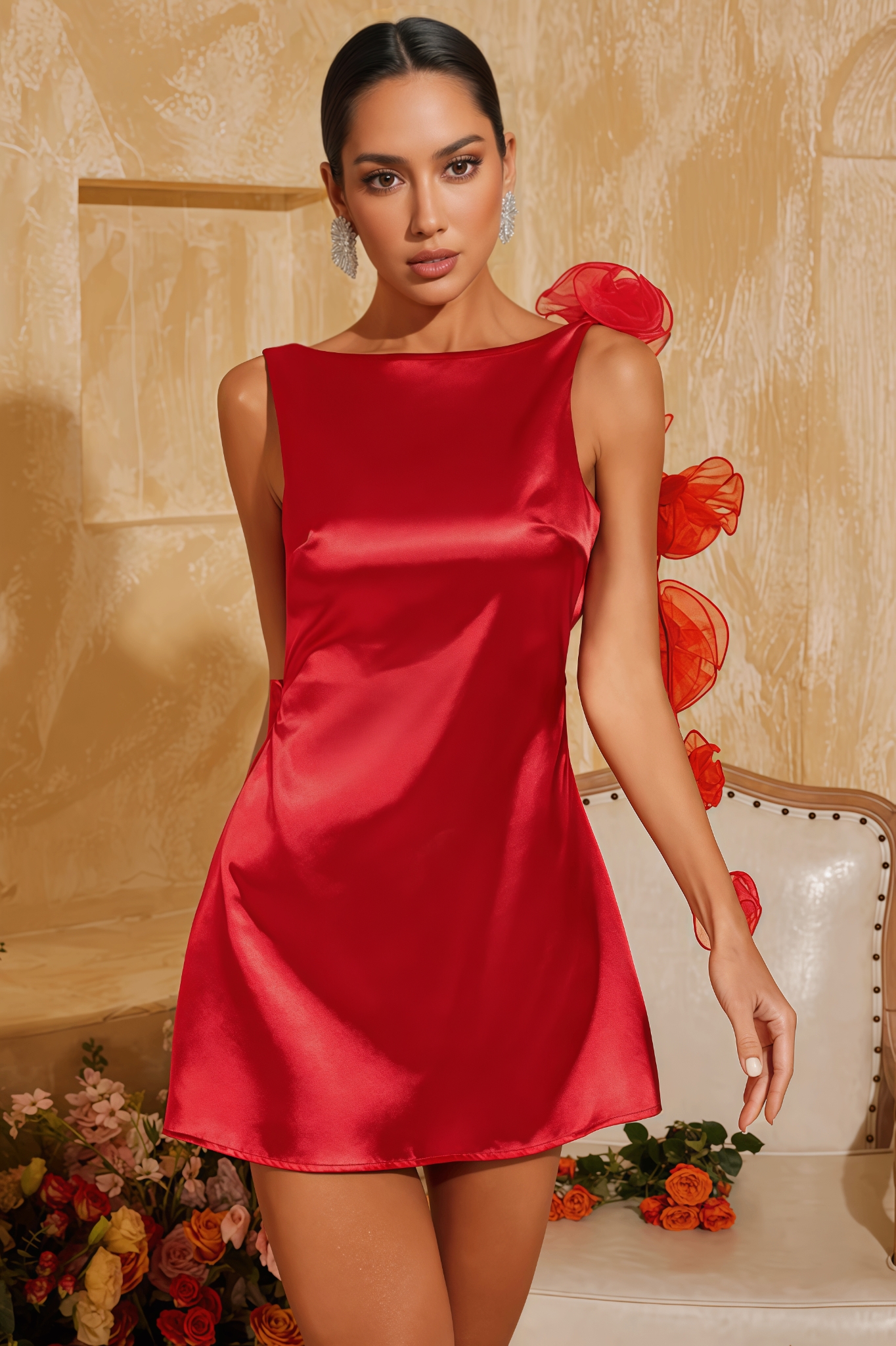 Ivoaed Backless Flower Satin Mini Dress