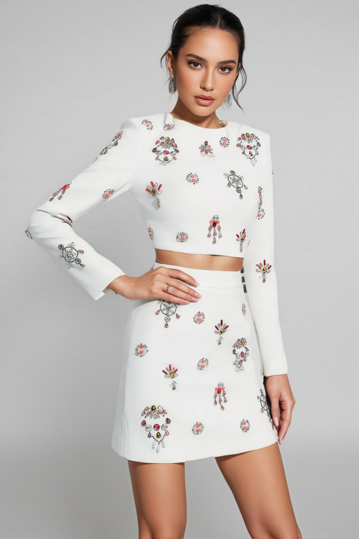 Tovake White Crystal Embellished Mini Dress Set