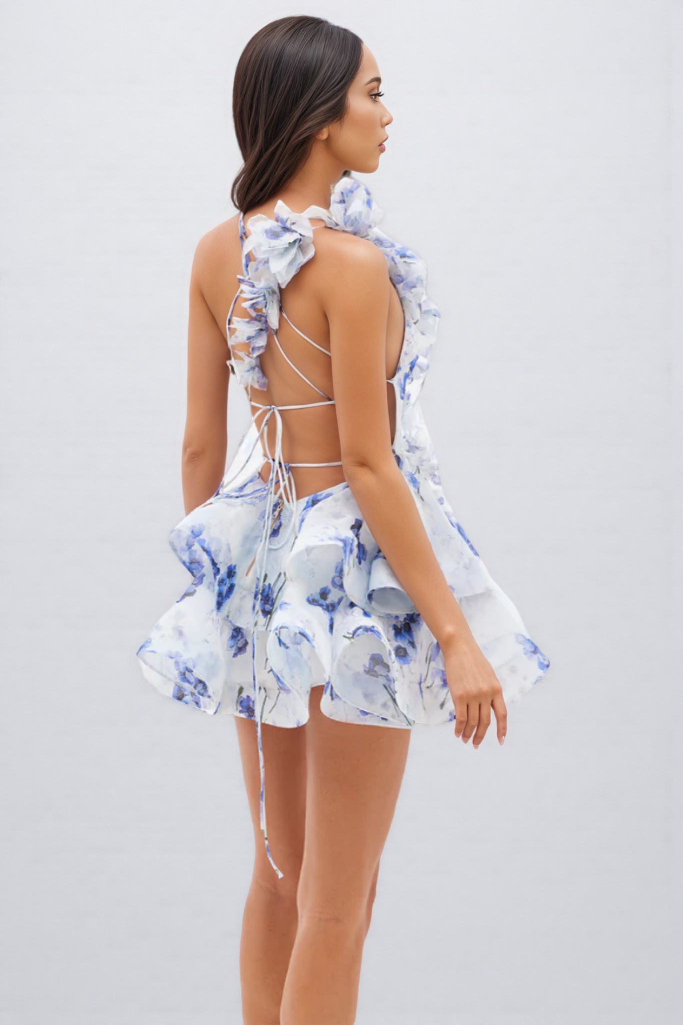 Isaafe Blue Backless Printed Mini Dress