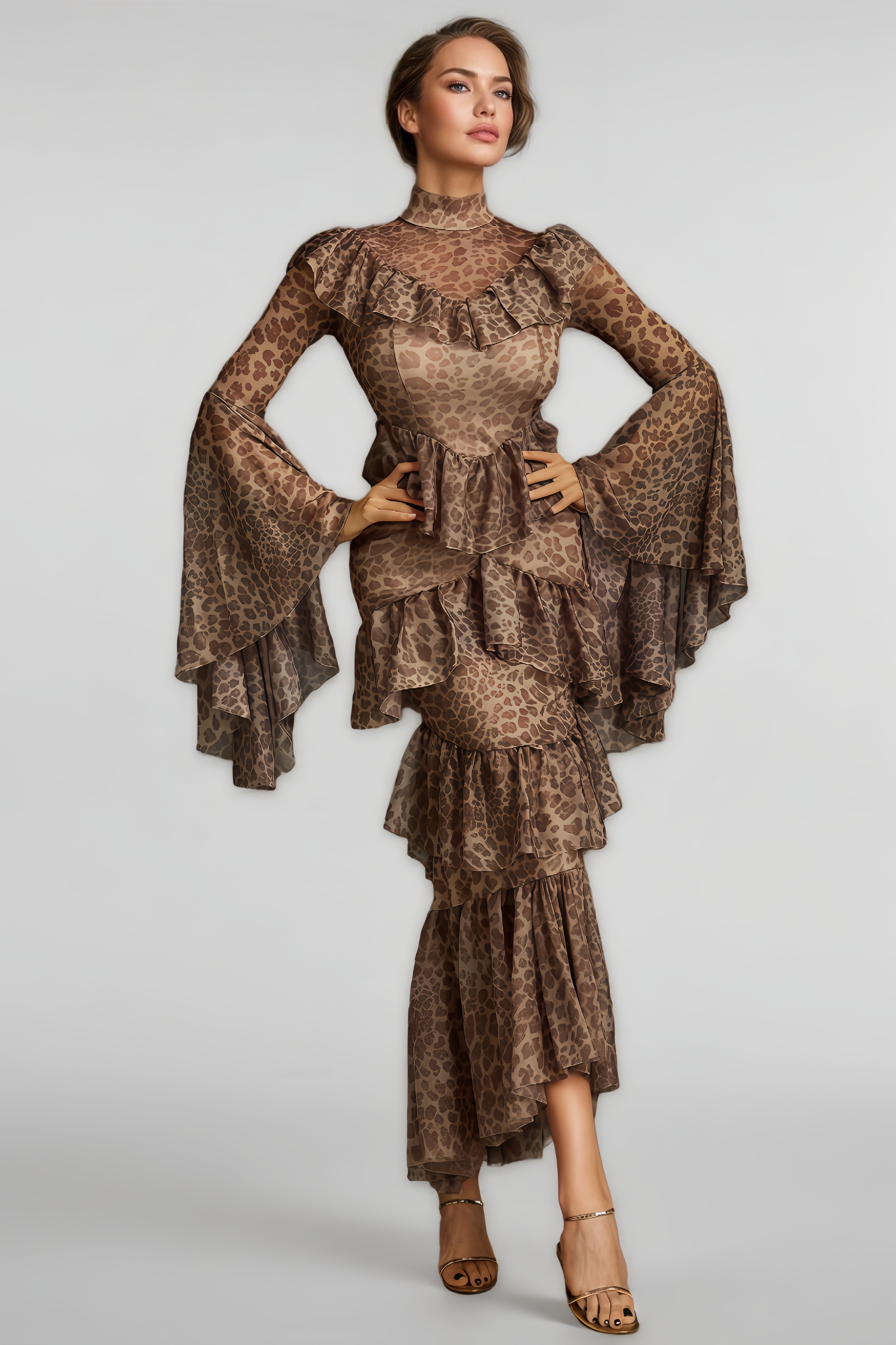 Kiera Bell Sleeve Leopard Midi Dress