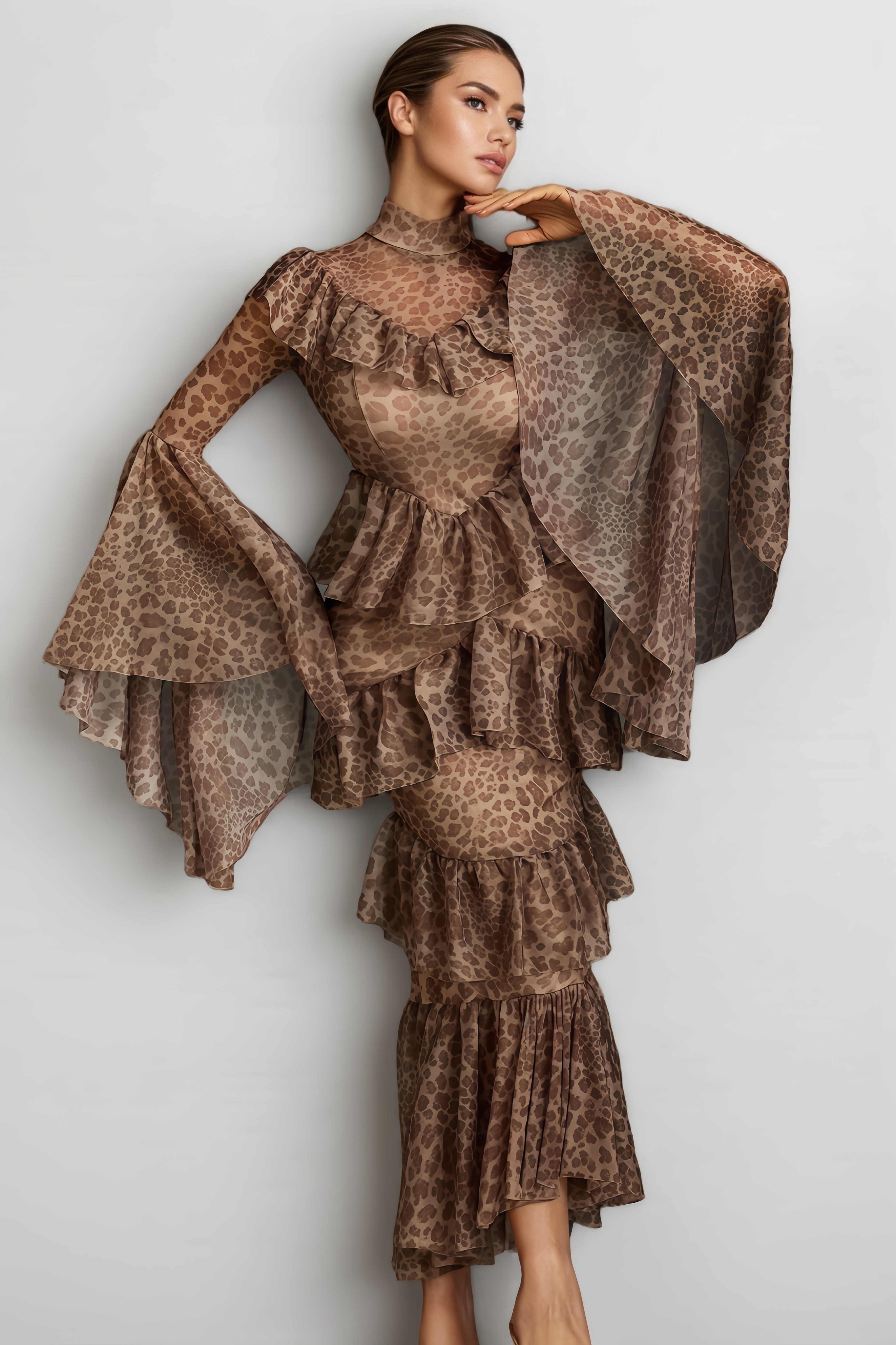 Kiera Bell Sleeve Leopard Midi Dress
