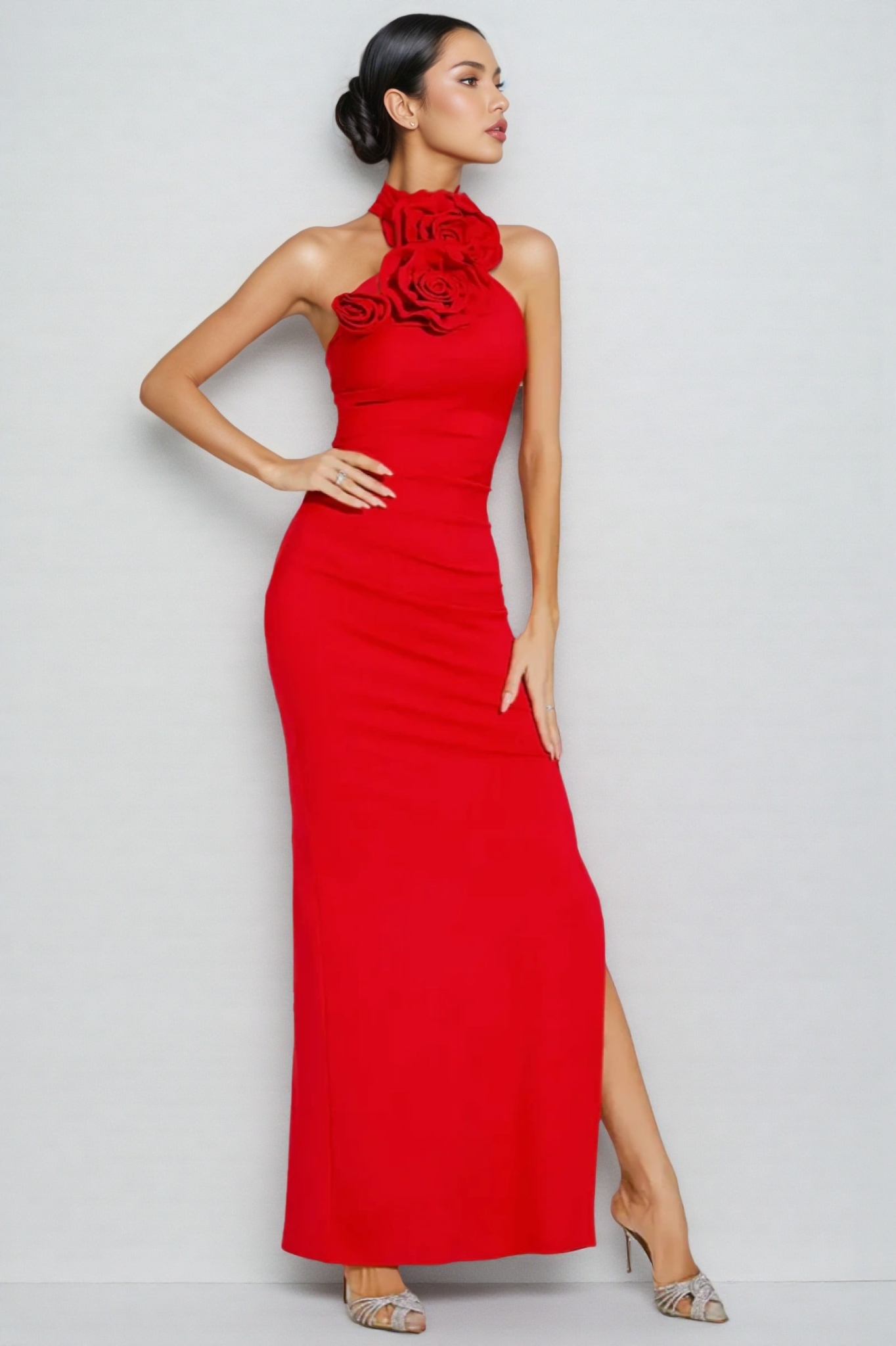 Emily Red Floral Ruched Halter Maxi Dress