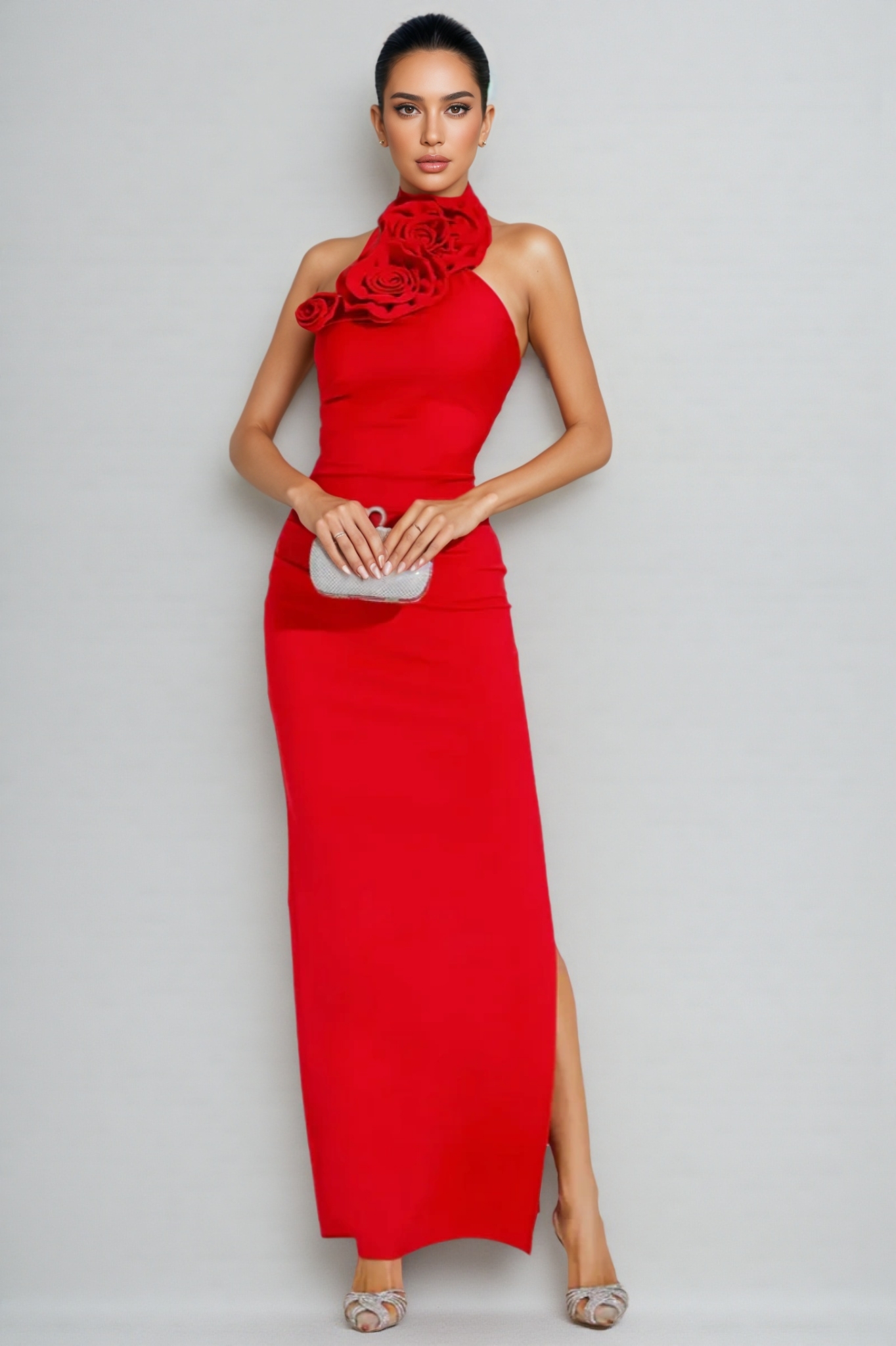 Emily Red Floral Ruched Halter Maxi Dress