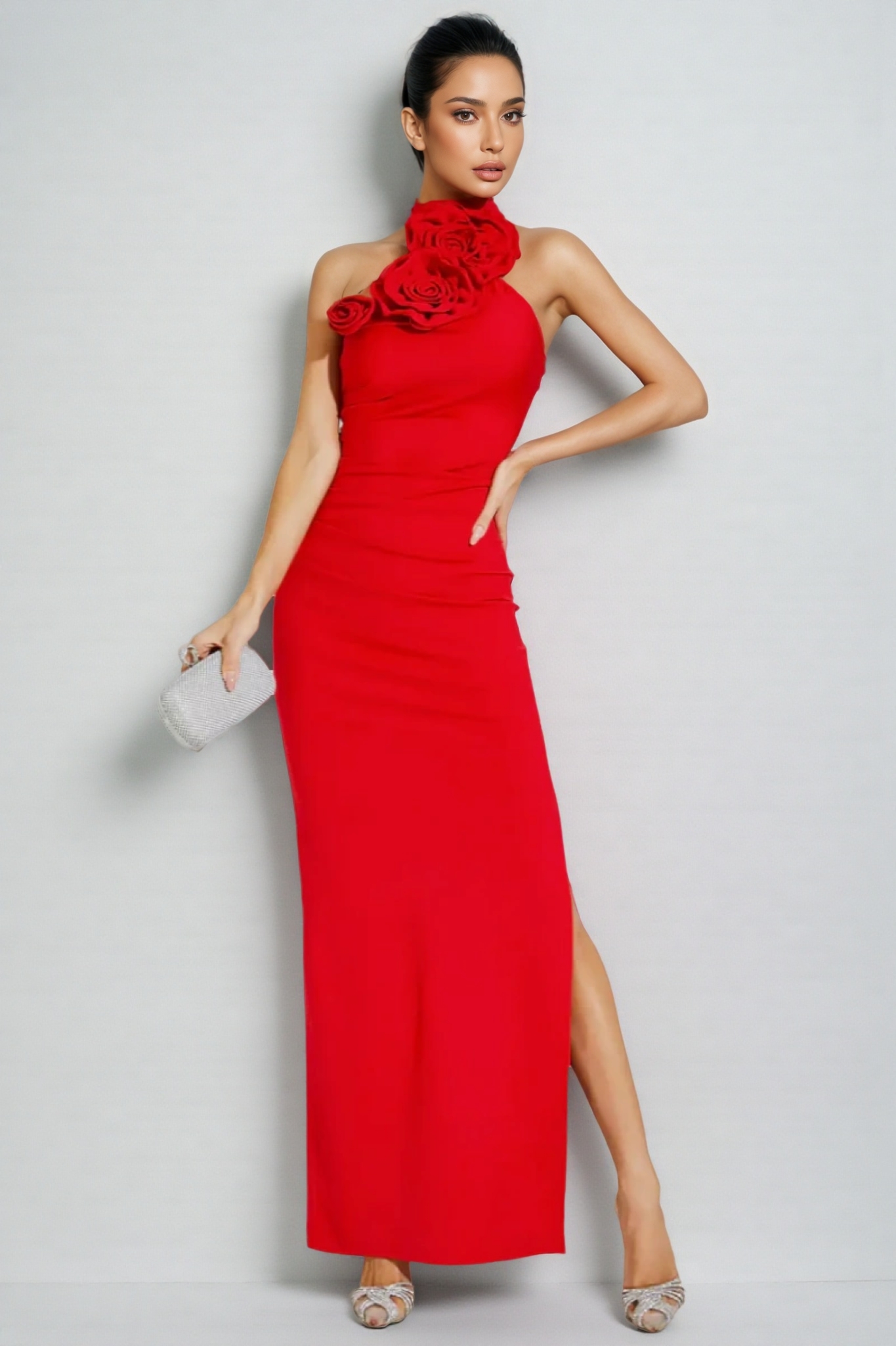 Emily Red Floral Ruched Halter Maxi Dress