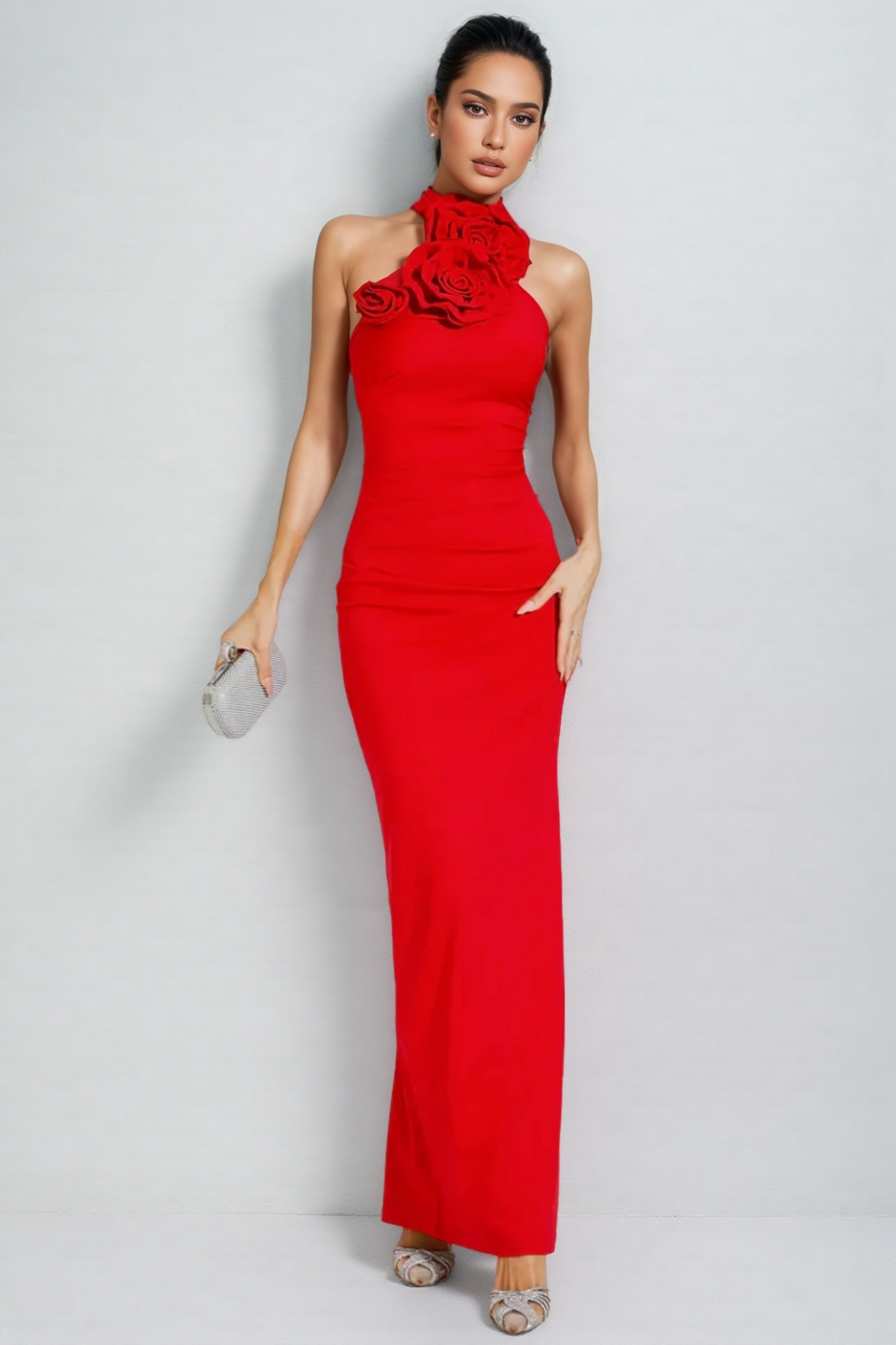 Emily Red Floral Ruched Halter Maxi Dress