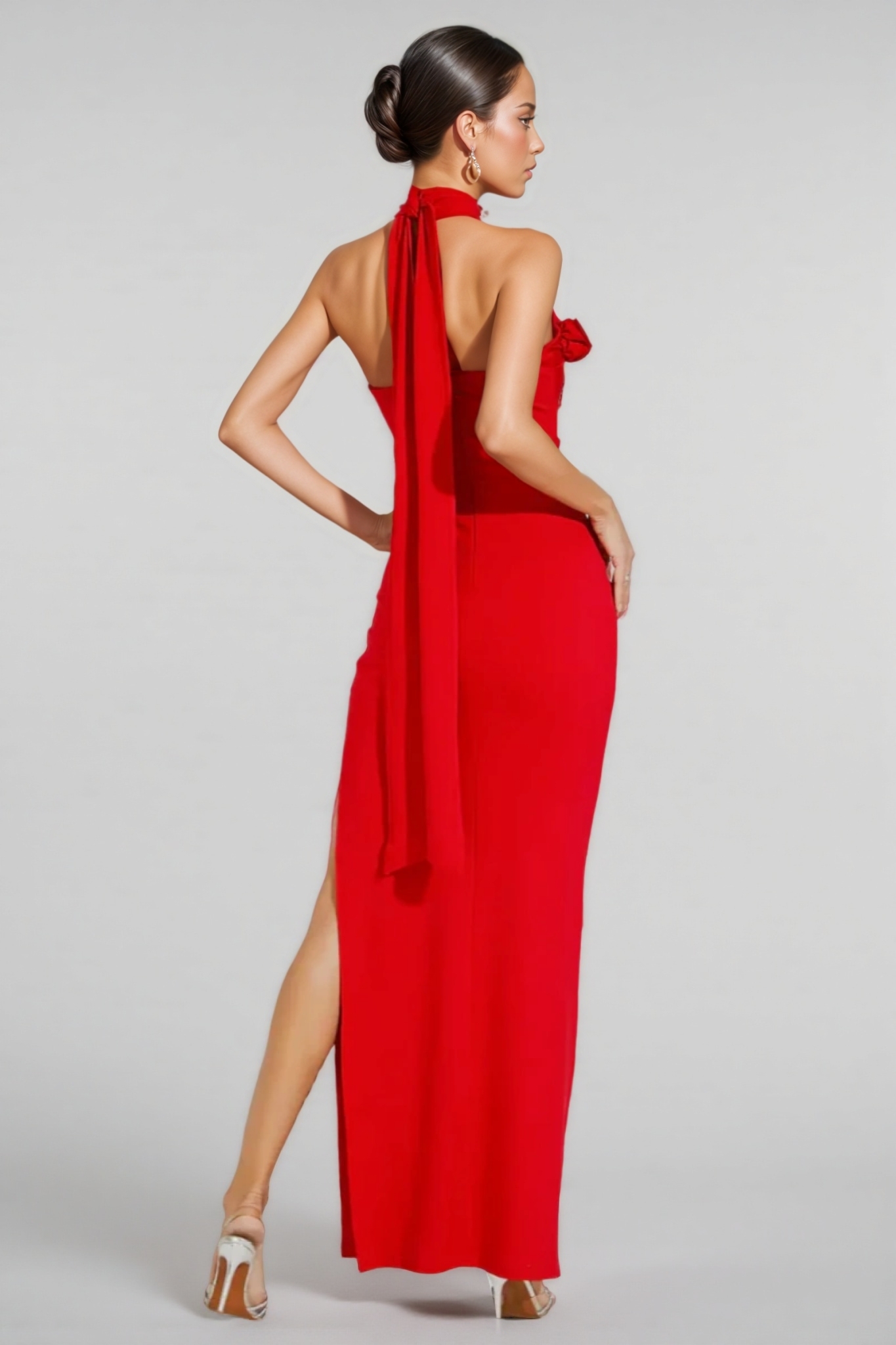 Emily Red Floral Ruched Halter Maxi Dress