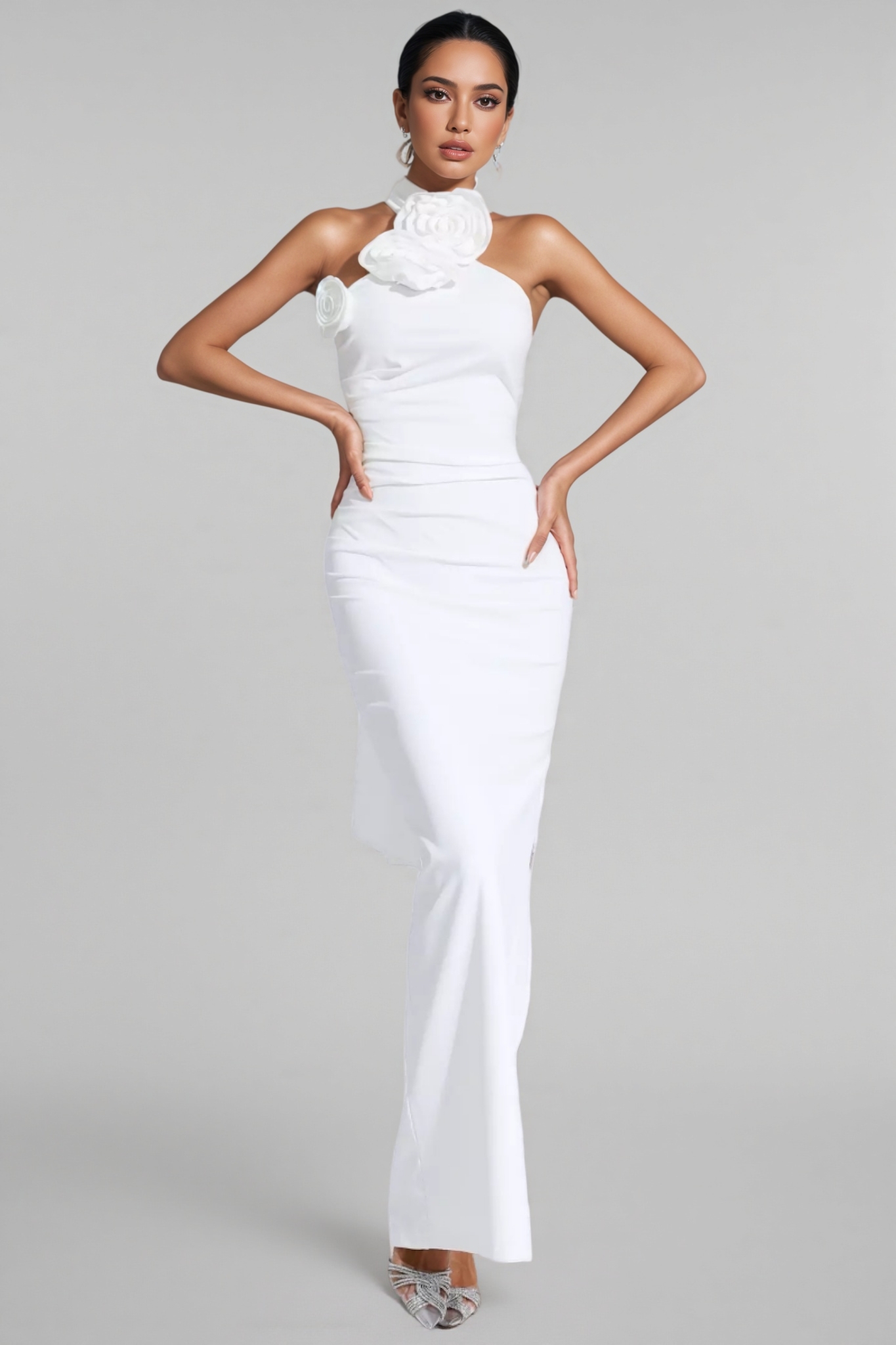 Hilia White Floral Ruched Halter Maxi Dress