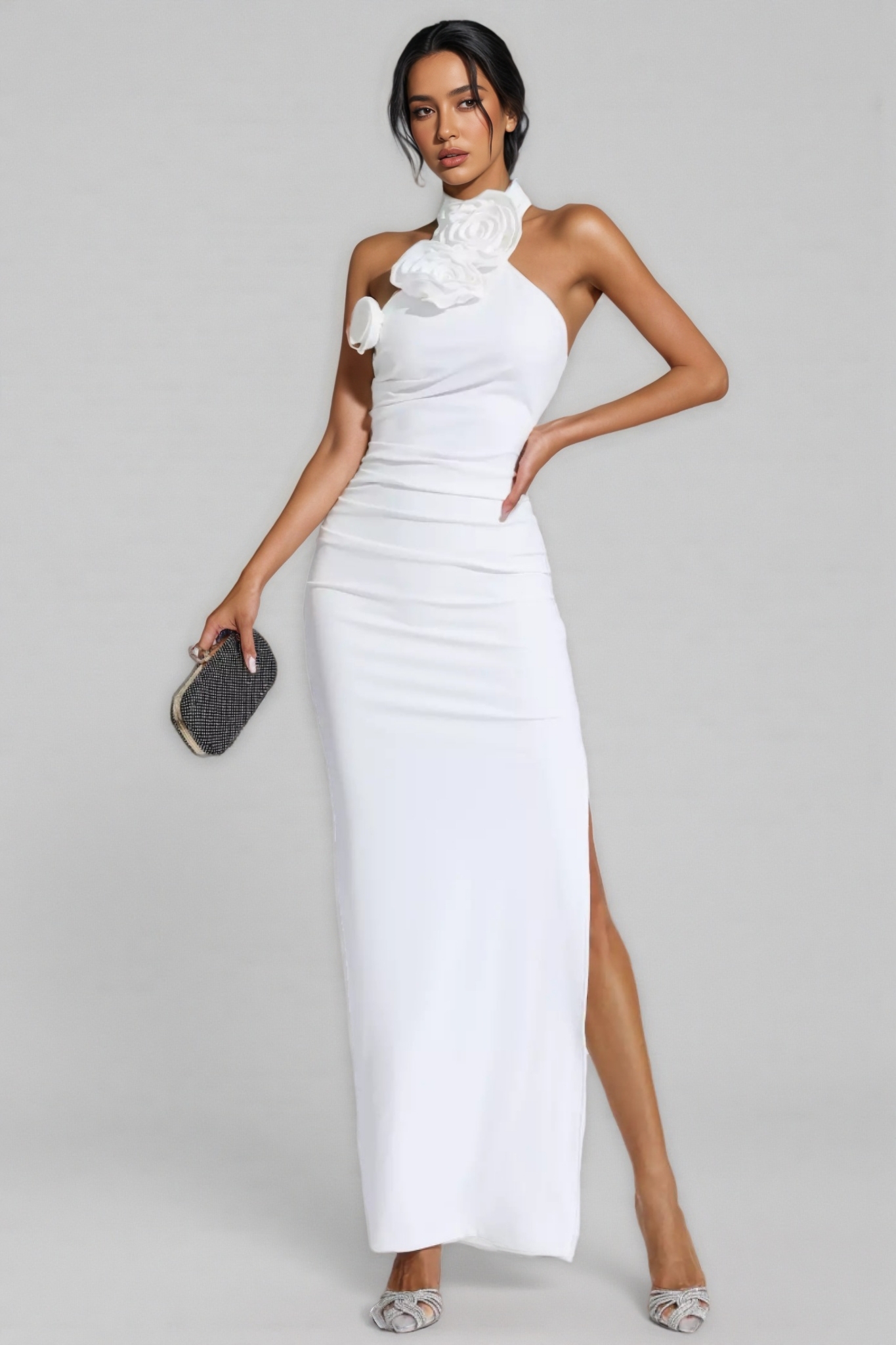 Hilia White Floral Ruched Halter Maxi Dress