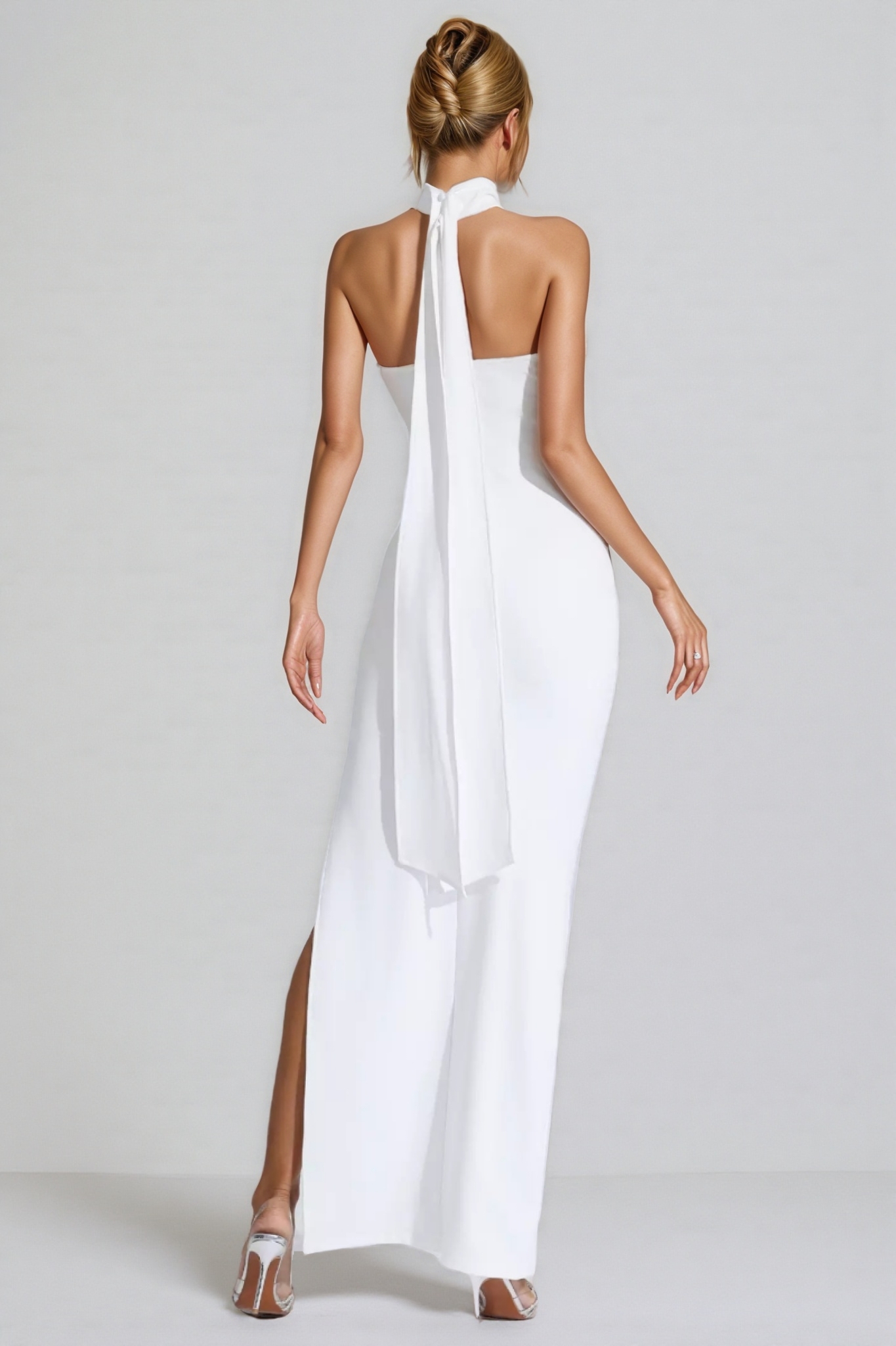 Hilia White Floral Ruched Halter Maxi Dress