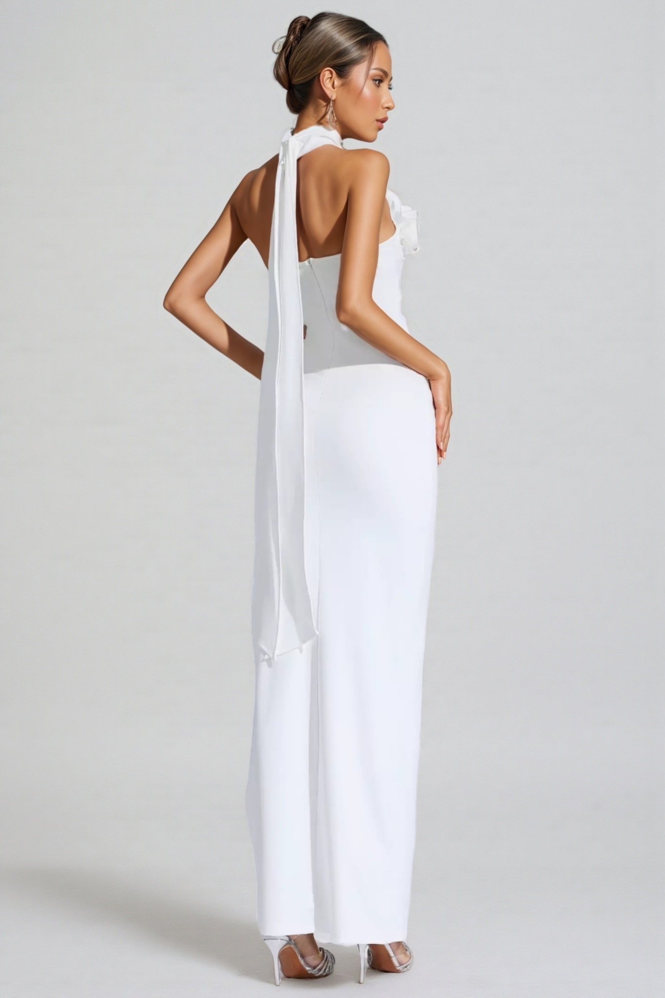 Hilia White Floral Ruched Halter Maxi Dress
