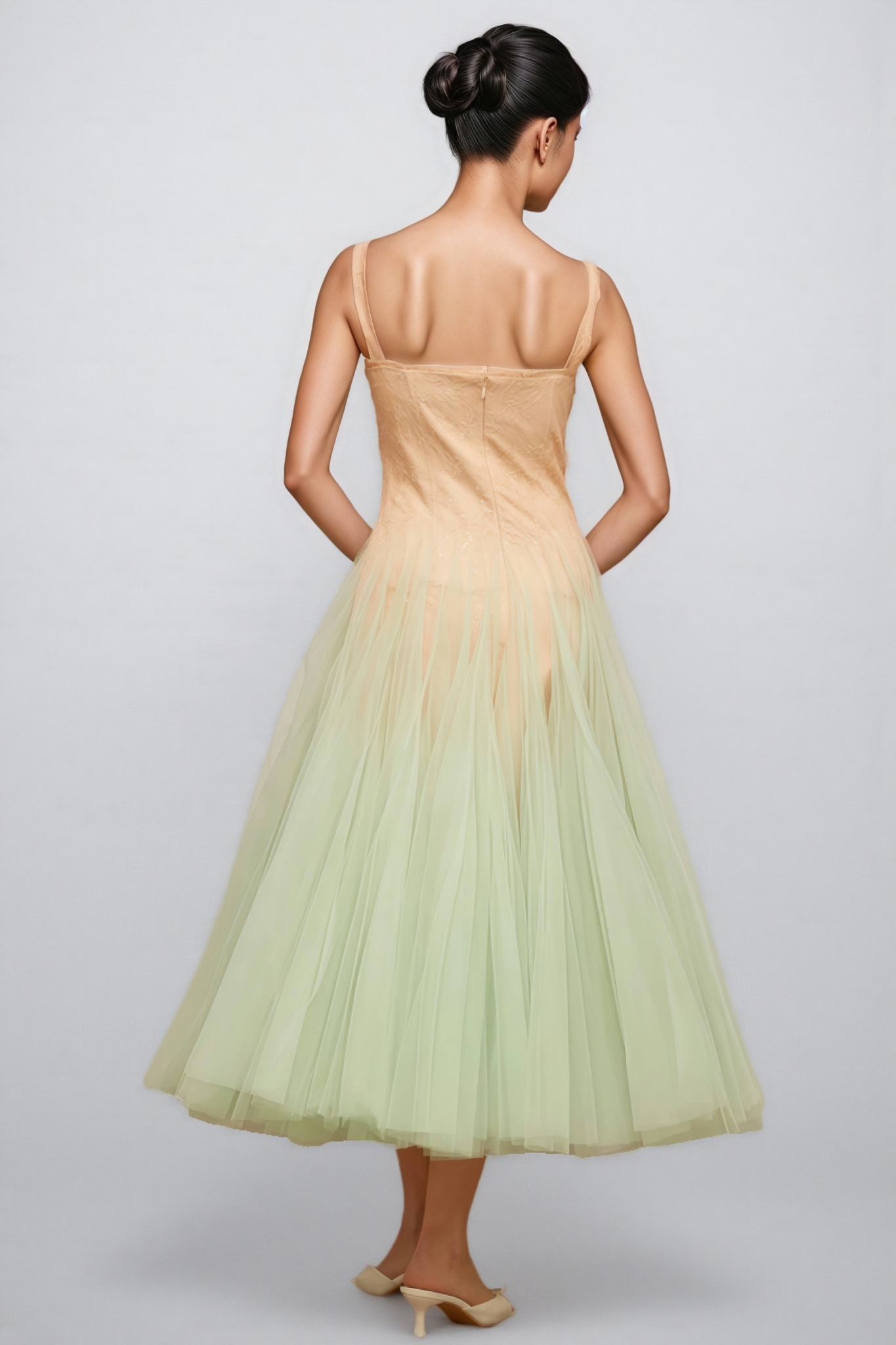 Ylane Halter Mesh Puff Maxi Dress