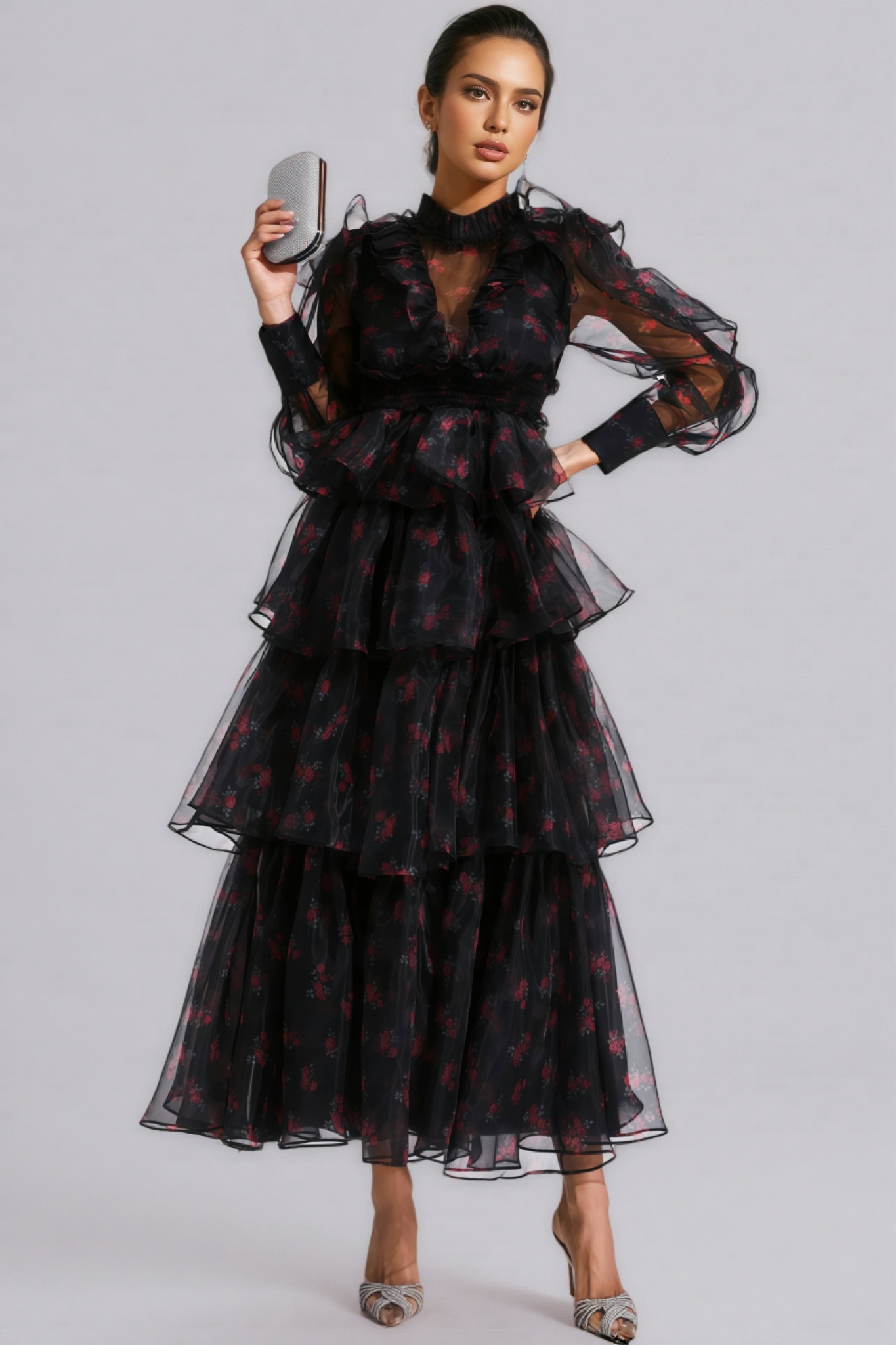 Ellarv Black Crushed Mesh Maxi Dress