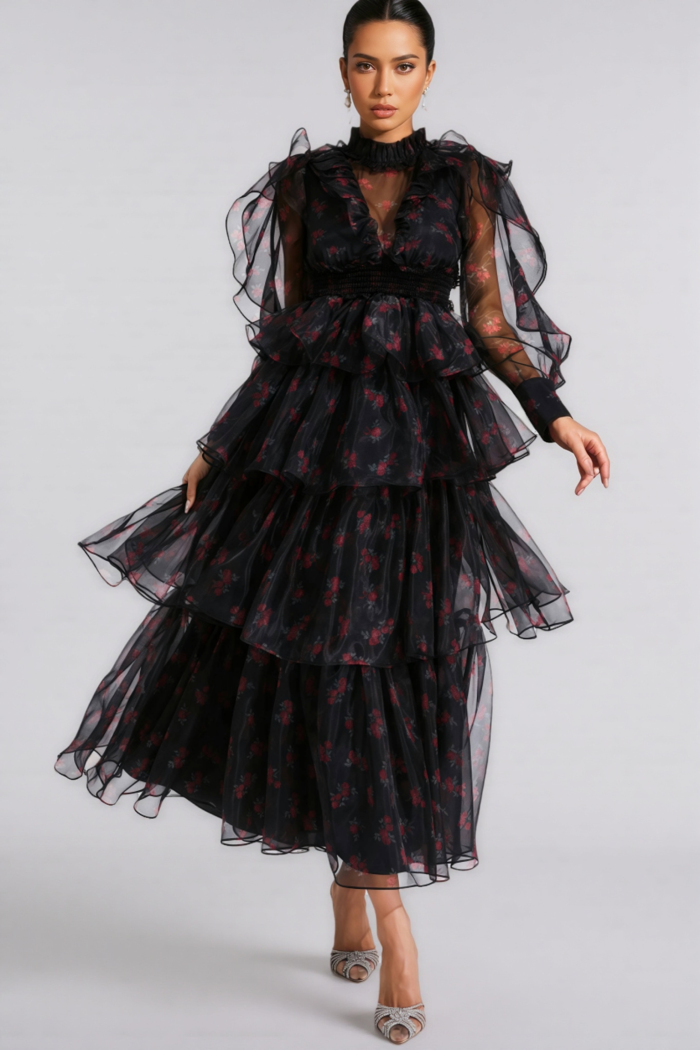 Ellarv Black Crushed Mesh Maxi Dress