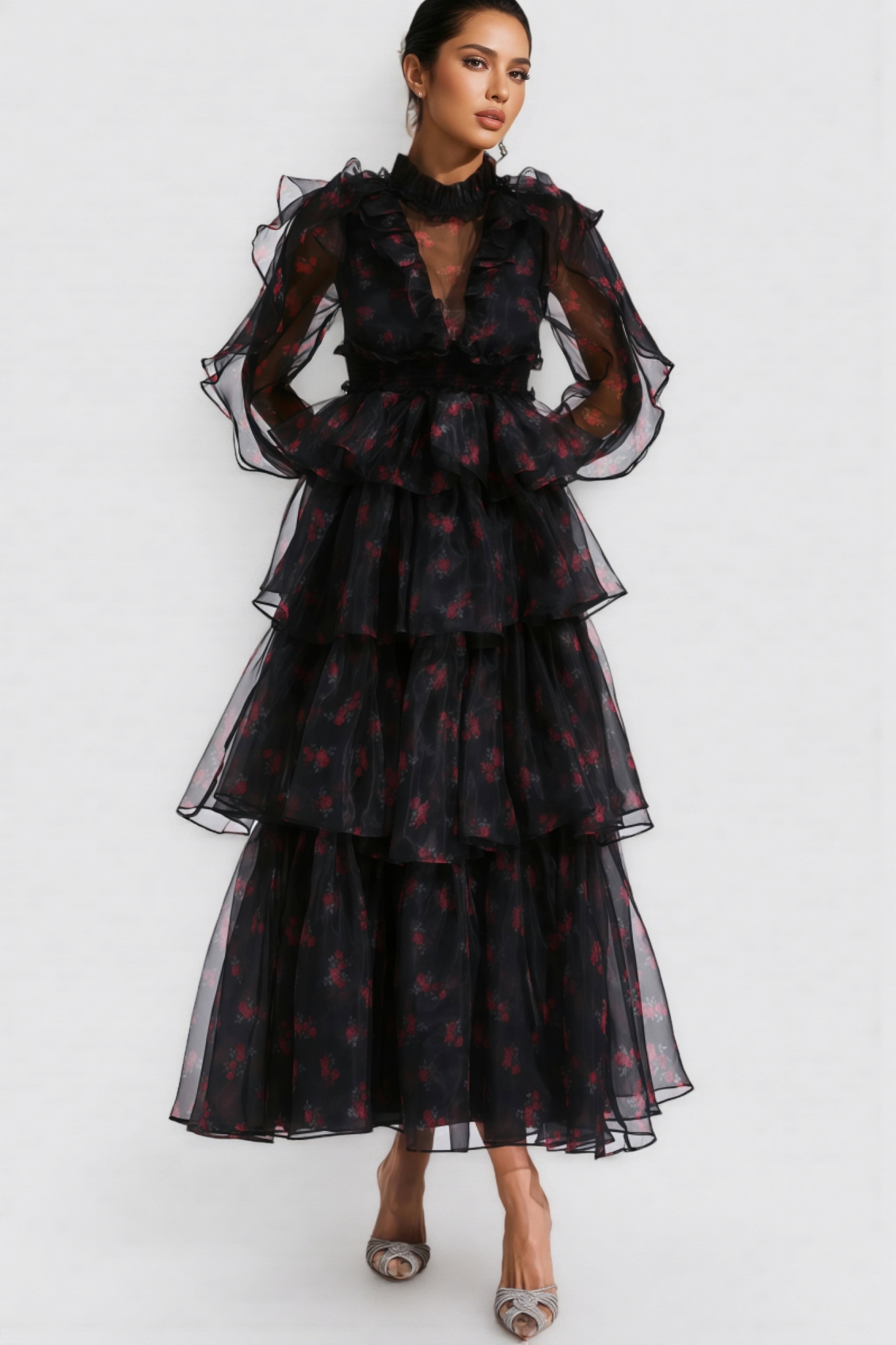 Ellarv Black Crushed Mesh Maxi Dress