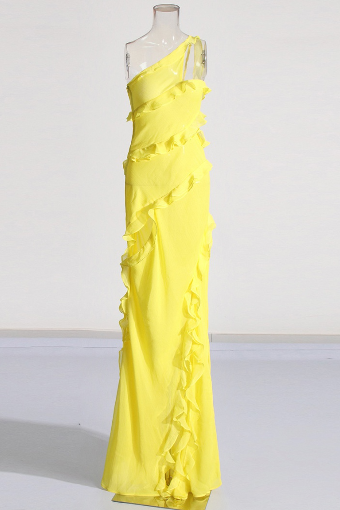 Nyssa Sleeveless Wood Ear Pleated Chiffon Maxi Dress