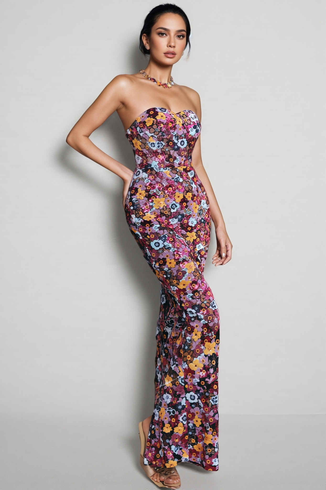 Duskel Strapless Flower Sequin Maxi Dress