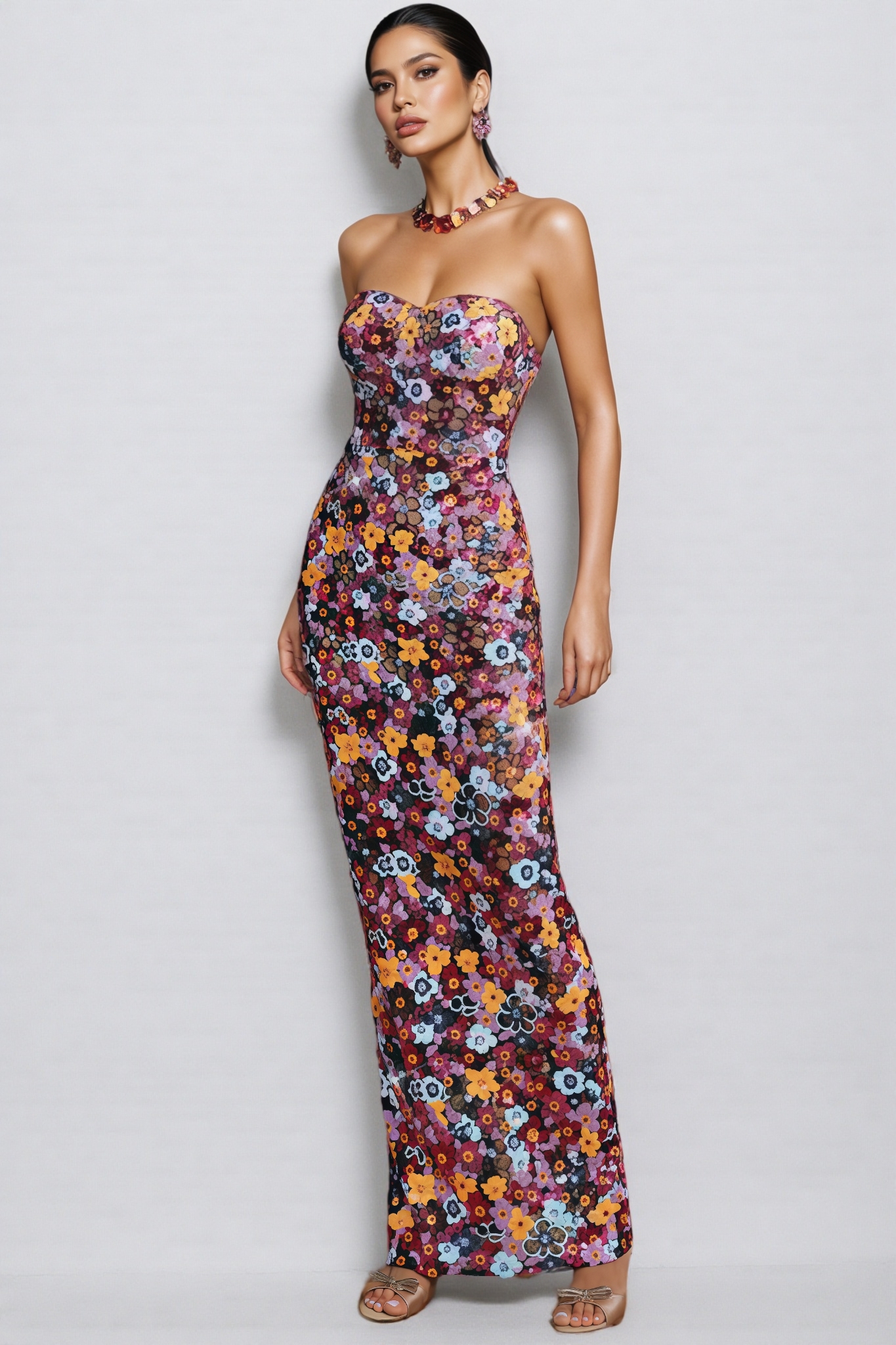 Duskel Strapless Flower Sequin Maxi Dress
