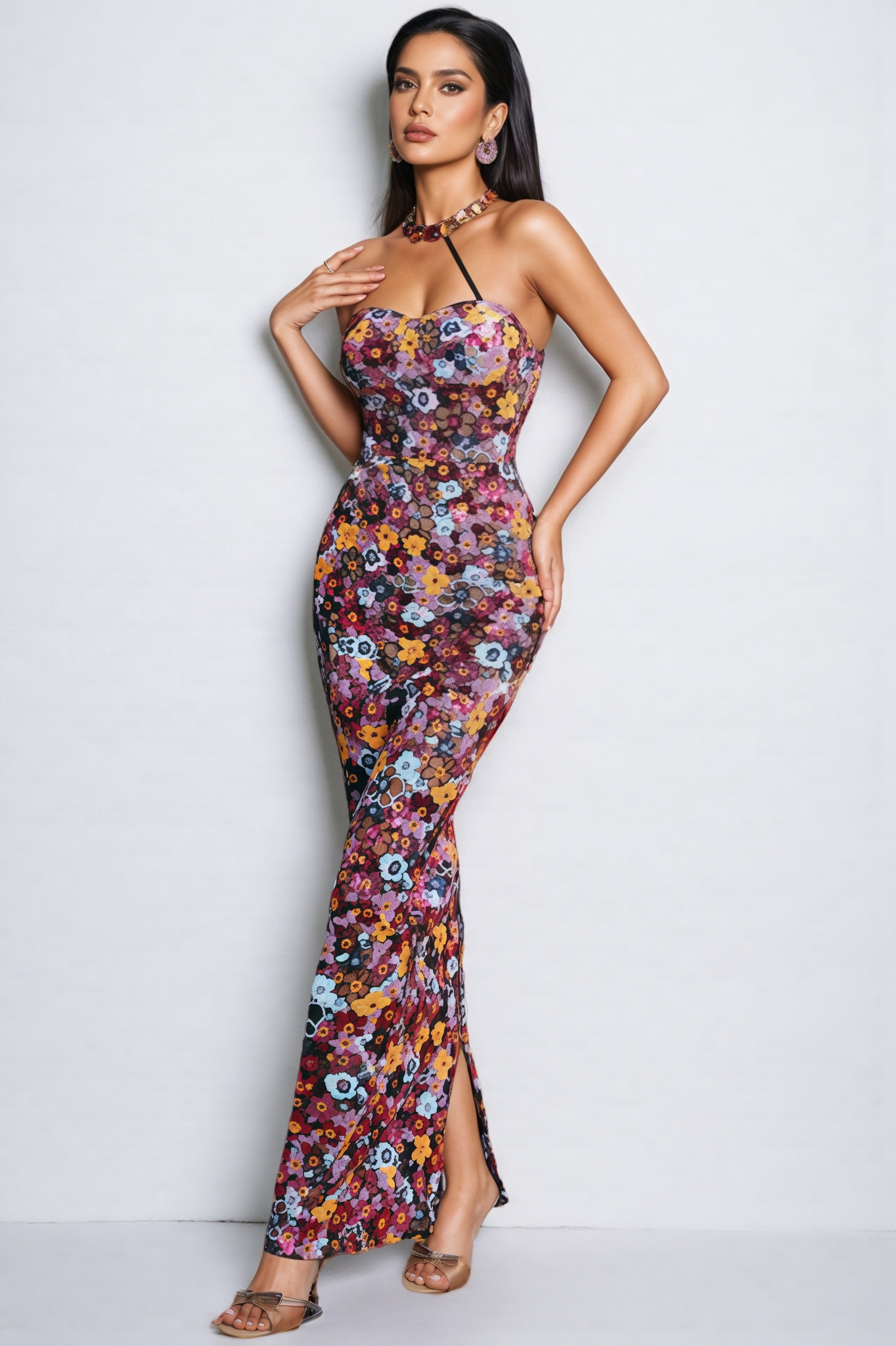 Duskel Strapless Flower Sequin Maxi Dress