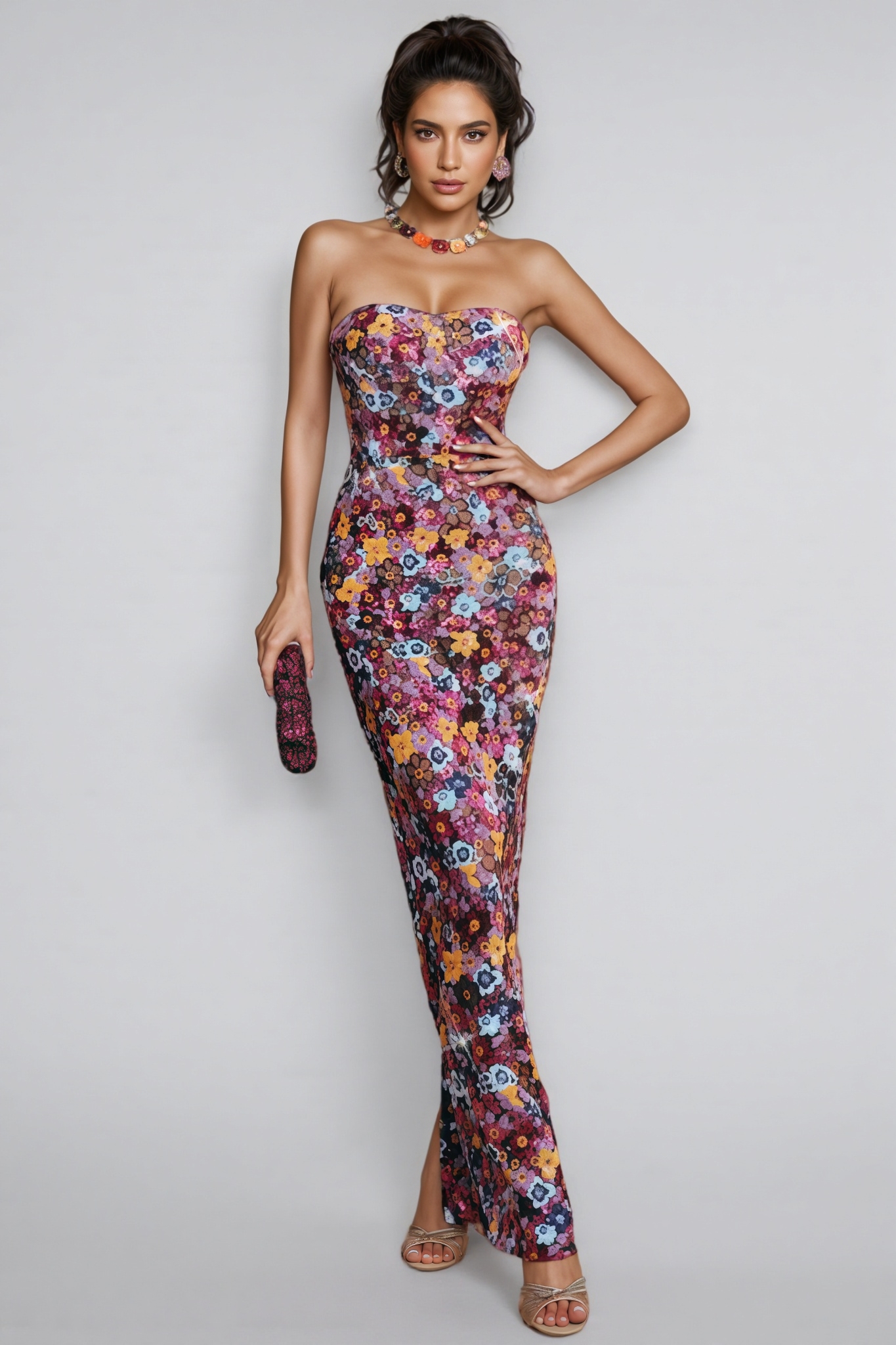 Duskel Strapless Flower Sequin Maxi Dress