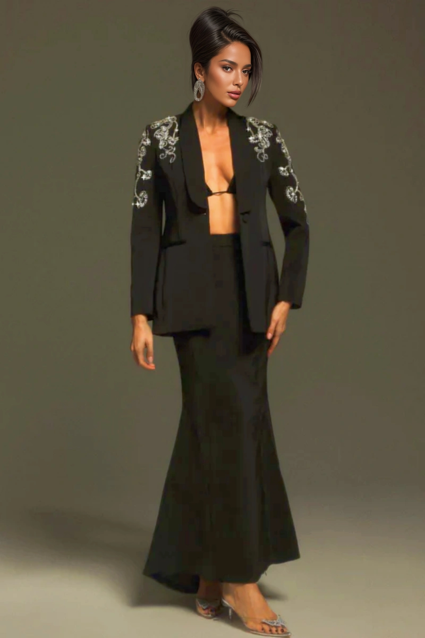 Quinen Long Sleeve Rhinestone Blazer Set