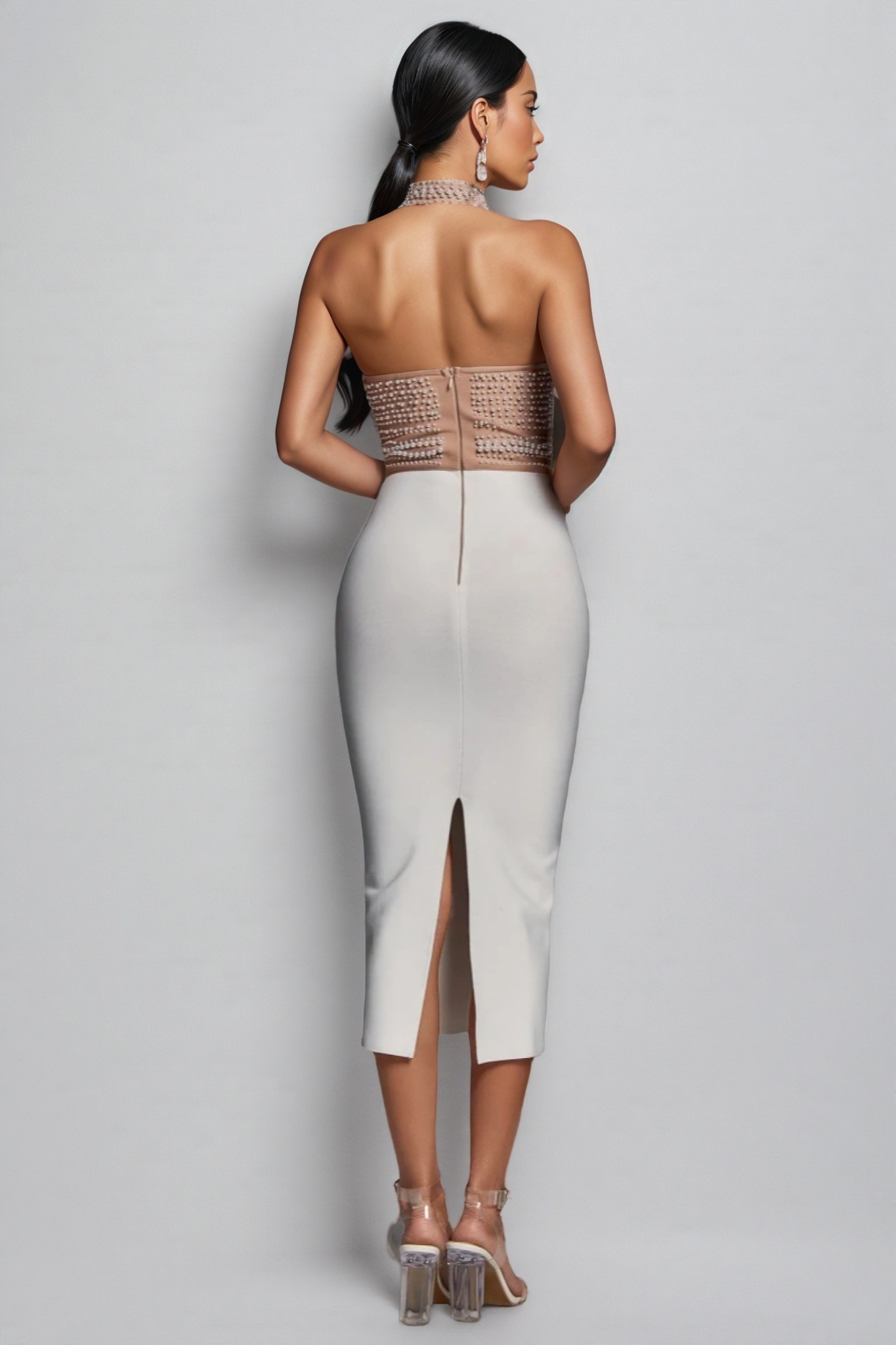 Nerida Pearl Halter Bandage Midi Dress - Beige